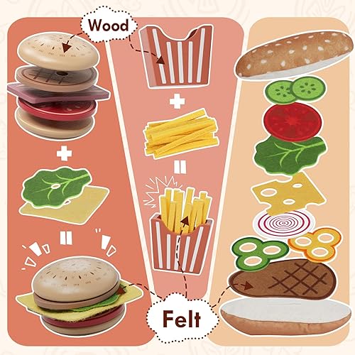 Miniatura 5 de Lehoo Castle Juegos de comida de madera para jugar, tienda de mostrador de hamburguesas, comida de juguete para niños pequeños, juegos de comida