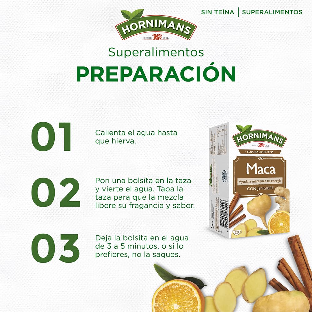 Hornimans Infusión de Maca con Jengibre 100% Natural | 20 bolsitas | Sin Teína