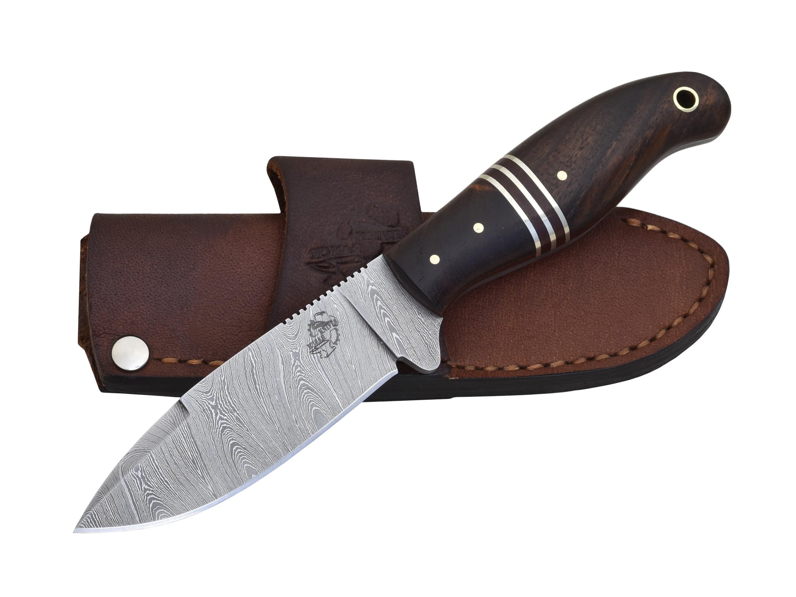 Knives Ranch Orca - Handmade Knife for Hunting, Camping, Bushcraft & Outdoors - Damascus Steel - Full Tang - Razor Sharp - Excellent Edge Retention - Rosewood Handle - Horizontal Carry Cowboy Sheath Snug FIt (3161-IRW)