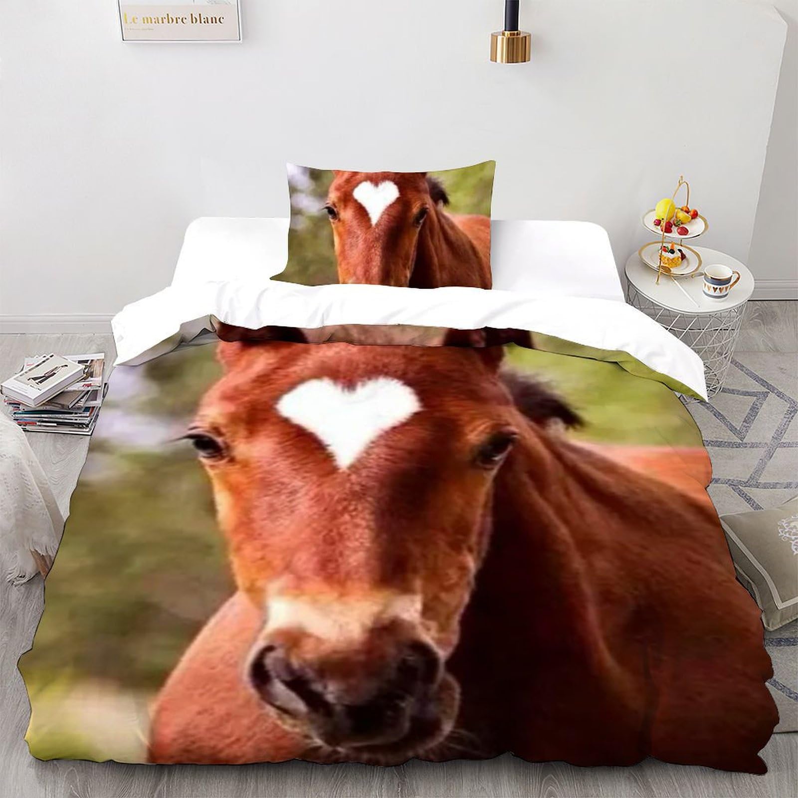 Housse de couette microfibre animaux imprimé 3D poney 135x200cm taies d'oreiller