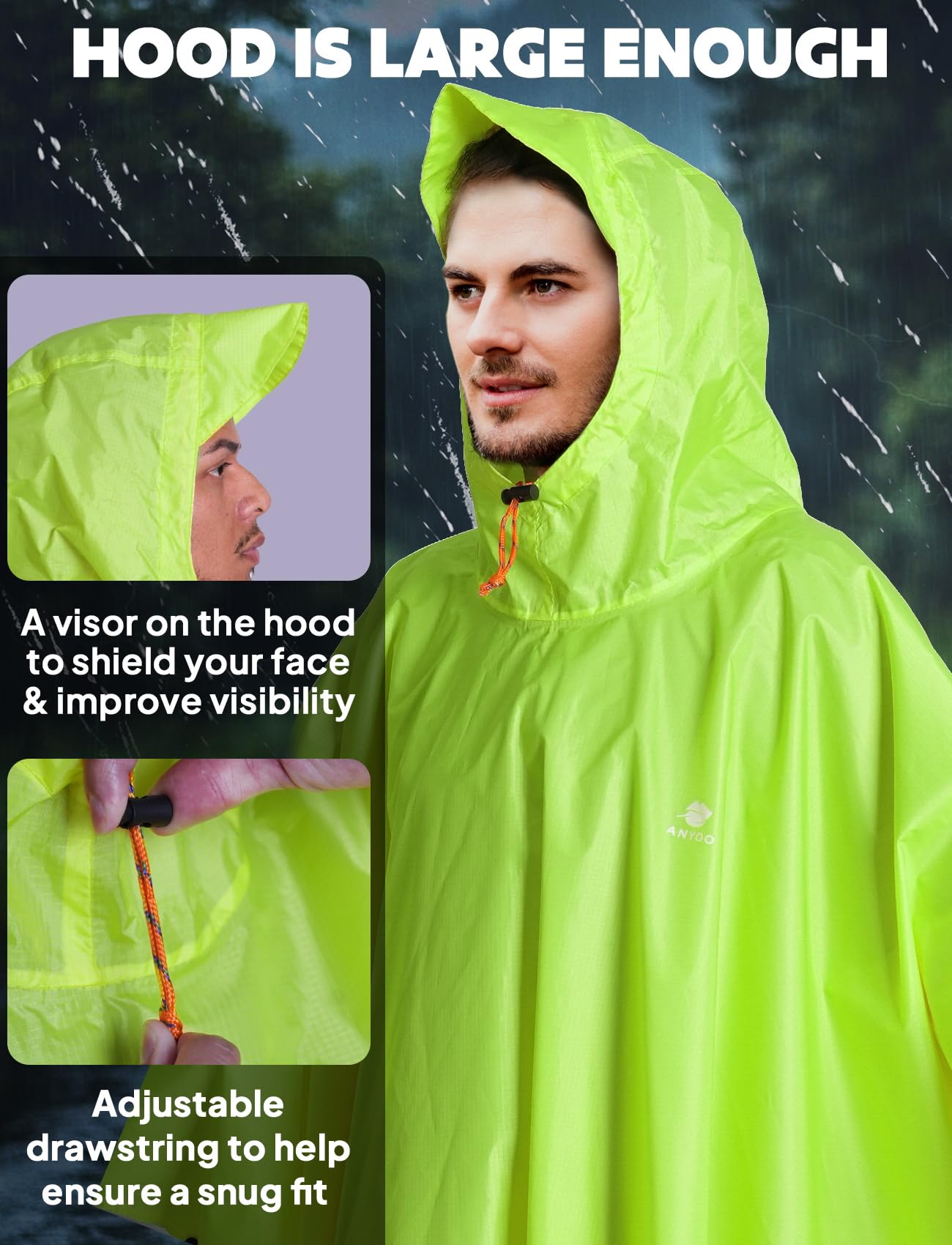 ANYOO Poncho léger, imperméable, réutilisable et Respirant avec Capuche, idéal pour l'extérieur,Taille Unique