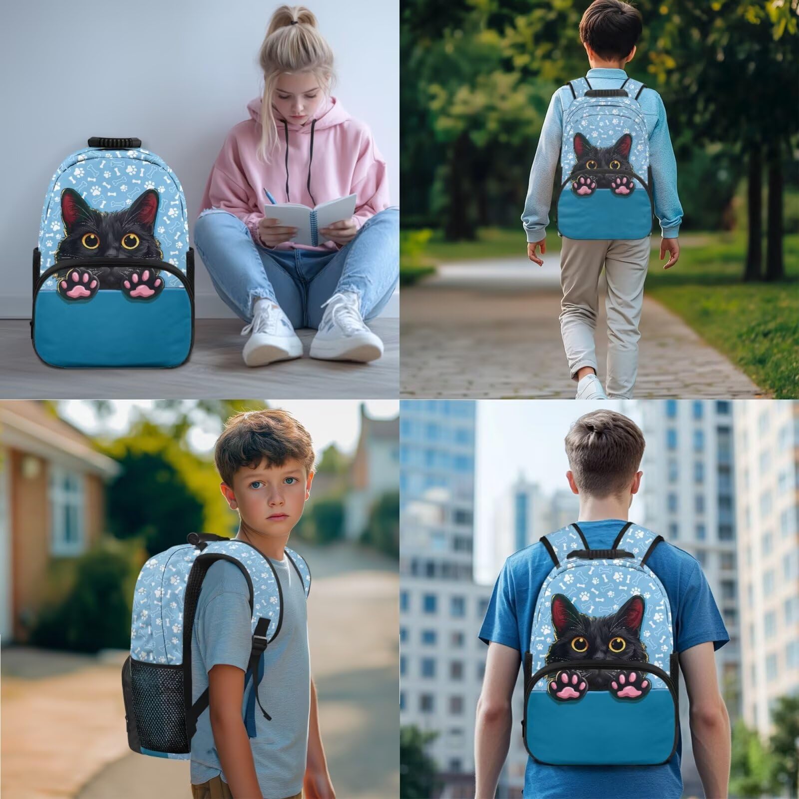 Xoenoiee Set di zaini per ragazzi e ragazze con gatti e libri scolastici con portapranzo, astuccio portaborraccia 4 in 1, set di zaini per la scuola, Zampe di osso di gatto nero