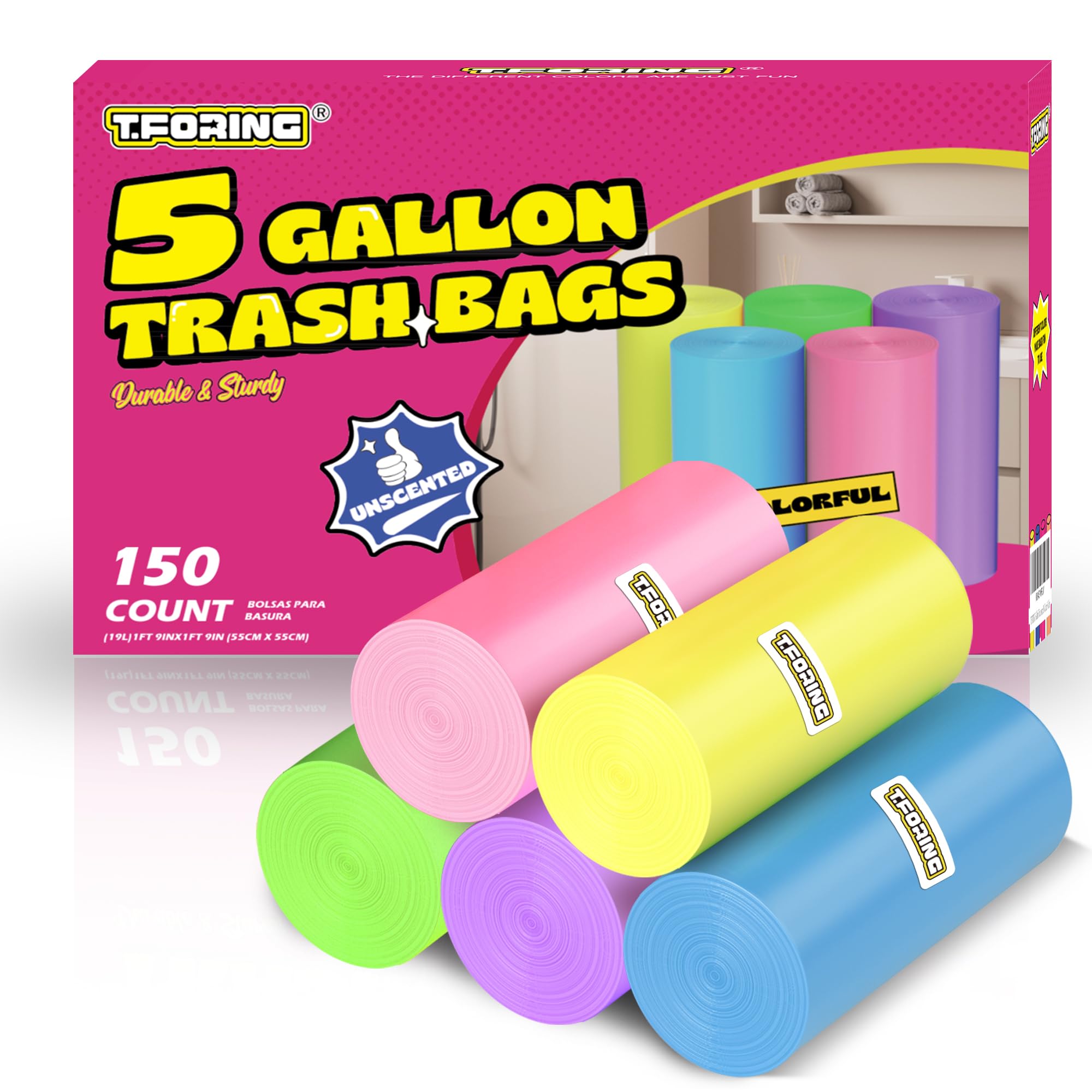 T.FORING 5 Gallon Trash Bags Extra Thick - 18 Liter Garbage Bags Unscented for Bathroom, Small Plastic Wastebasket Liners for Home Office Bedroom,150