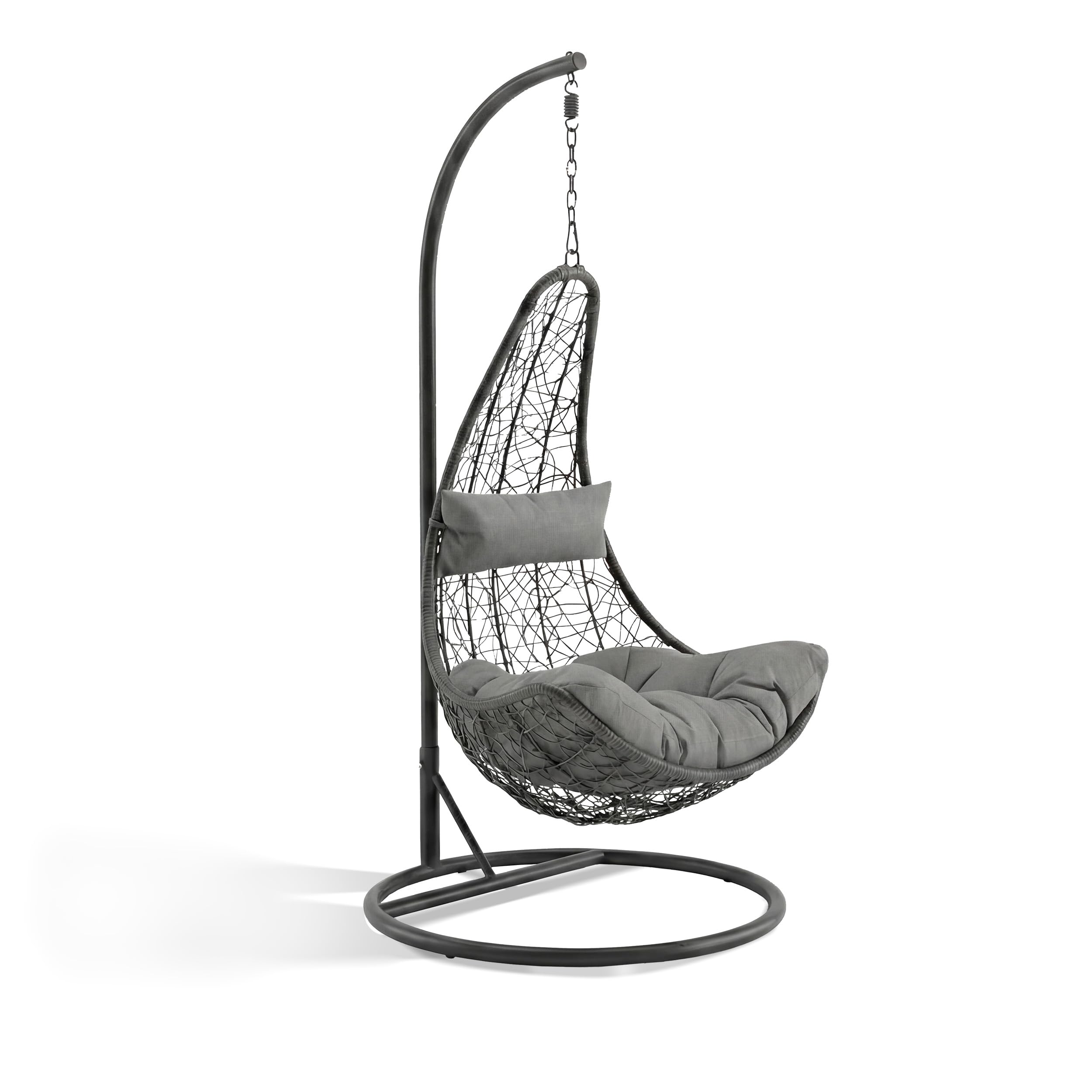 KHG Poltrona sospesa antracite, comodo cesto in vimini con cuscino grigio chiaro, per giardino e terrazza, resistente ai raggi UV, portata 120 kg, 83 x 83 x 201 cm