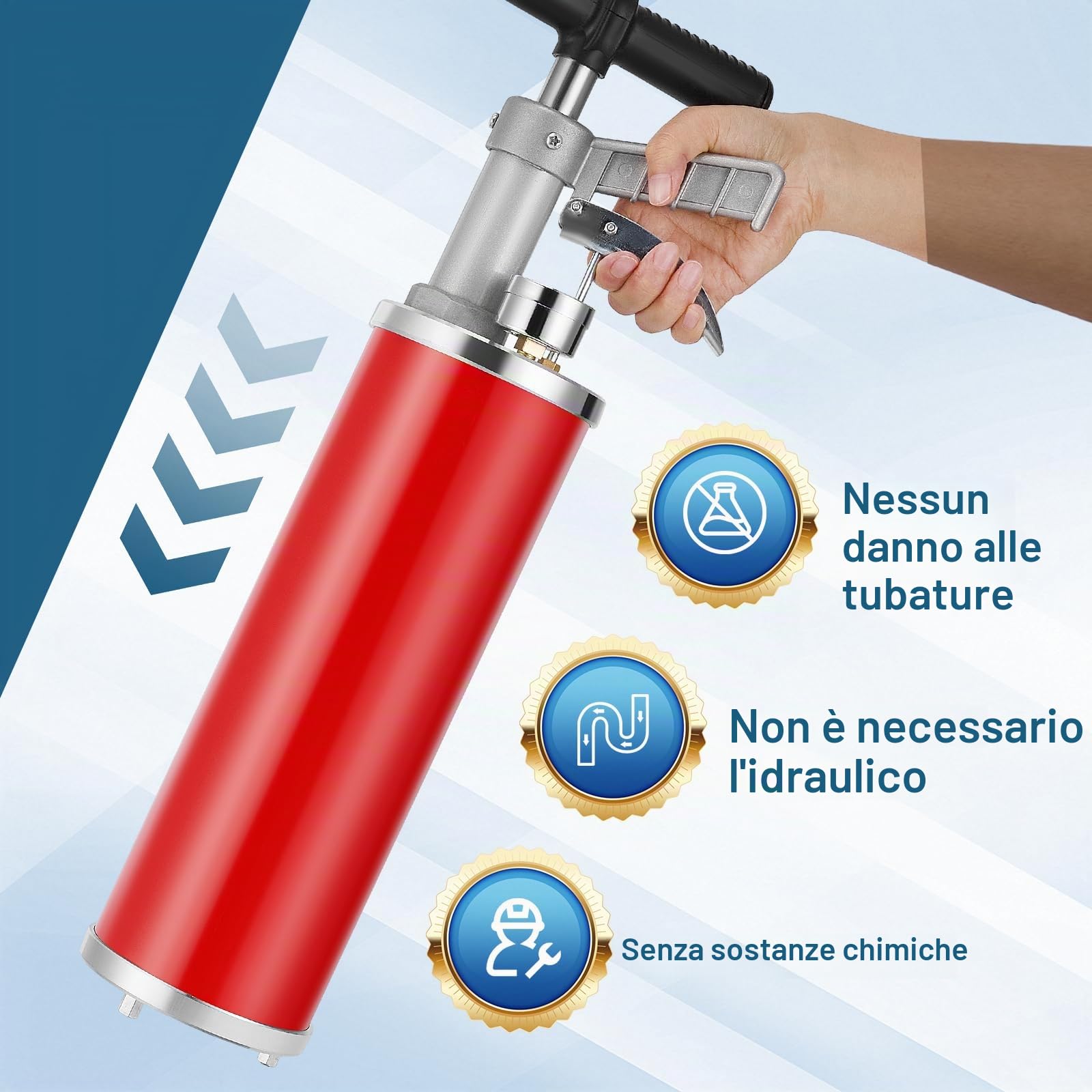 Pompa per la Pulizia Degli Scarichi XXL, Sonda Sturatubi con Manometro Regolabile, Pompa per la Pulizia Degli Scarichi con Ugello Dritto Reversibile, Adatta per Lavandini, Vasche da Bagno, WC