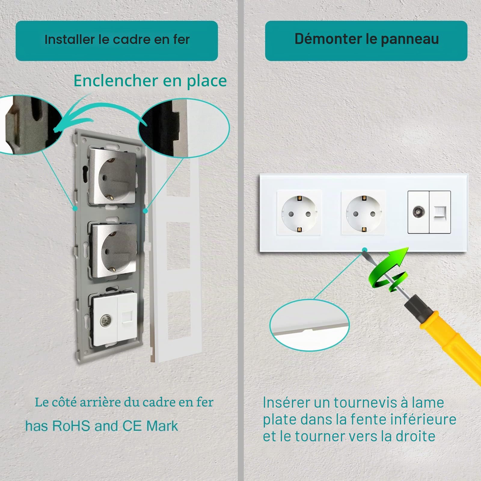 BSEED Double prise avec connecteurs d'accessoires pour TV et PC CAT5e standard de l'UE, vitre en verre CE, 16 A / 100-220 V CA (blanc)