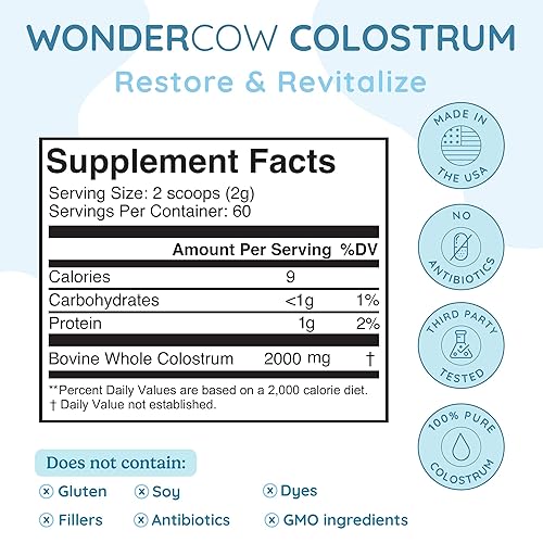 Miniatura 3 de WONDERCOW Polvo de calostro entero + péptidos de colágeno pirdolizados para la salud intestinal, apoyo inmunológico y apoyo para el cabello, la piel