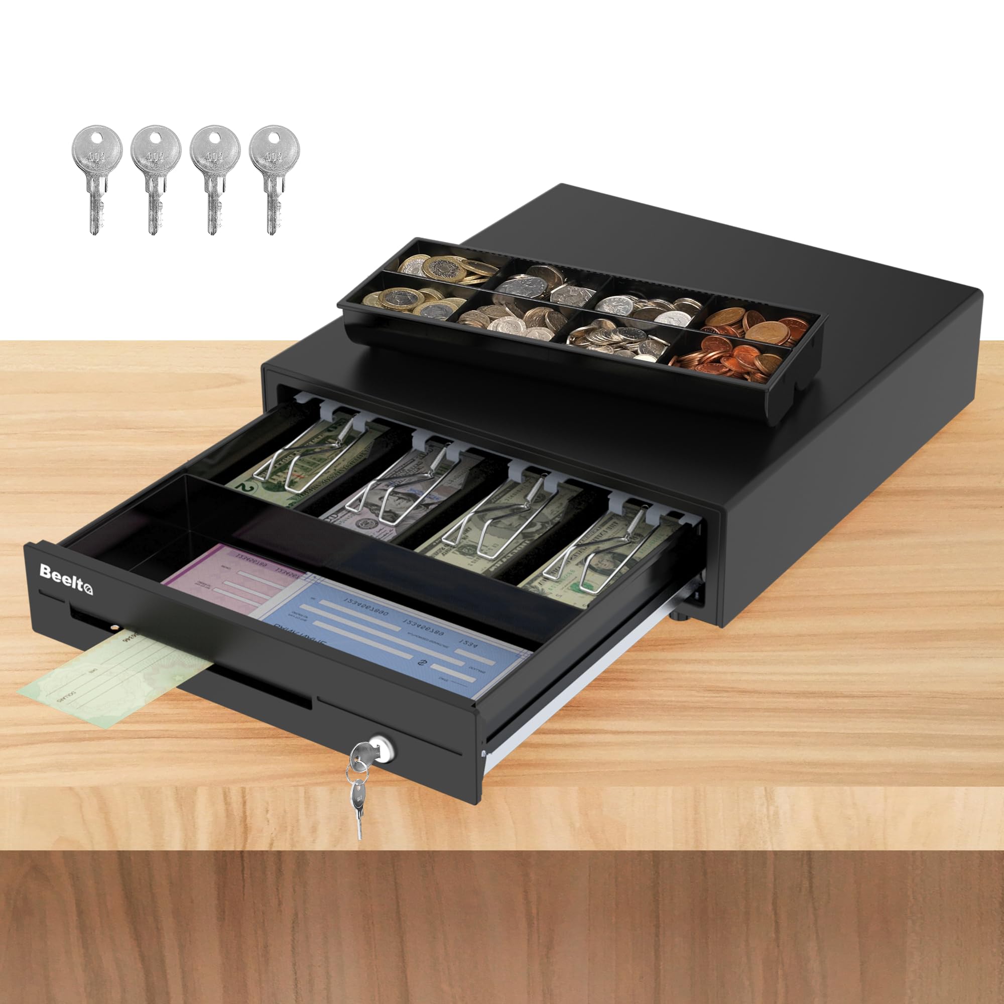 16" Heavy Duty Cash Drawer for POS System – Fully Removable Tray, 4 Bill/8 Coin with Micro Switch & Emergency Switch – RJ11/12 Compatible with Square, Clover, Epson Printers BK410UEA