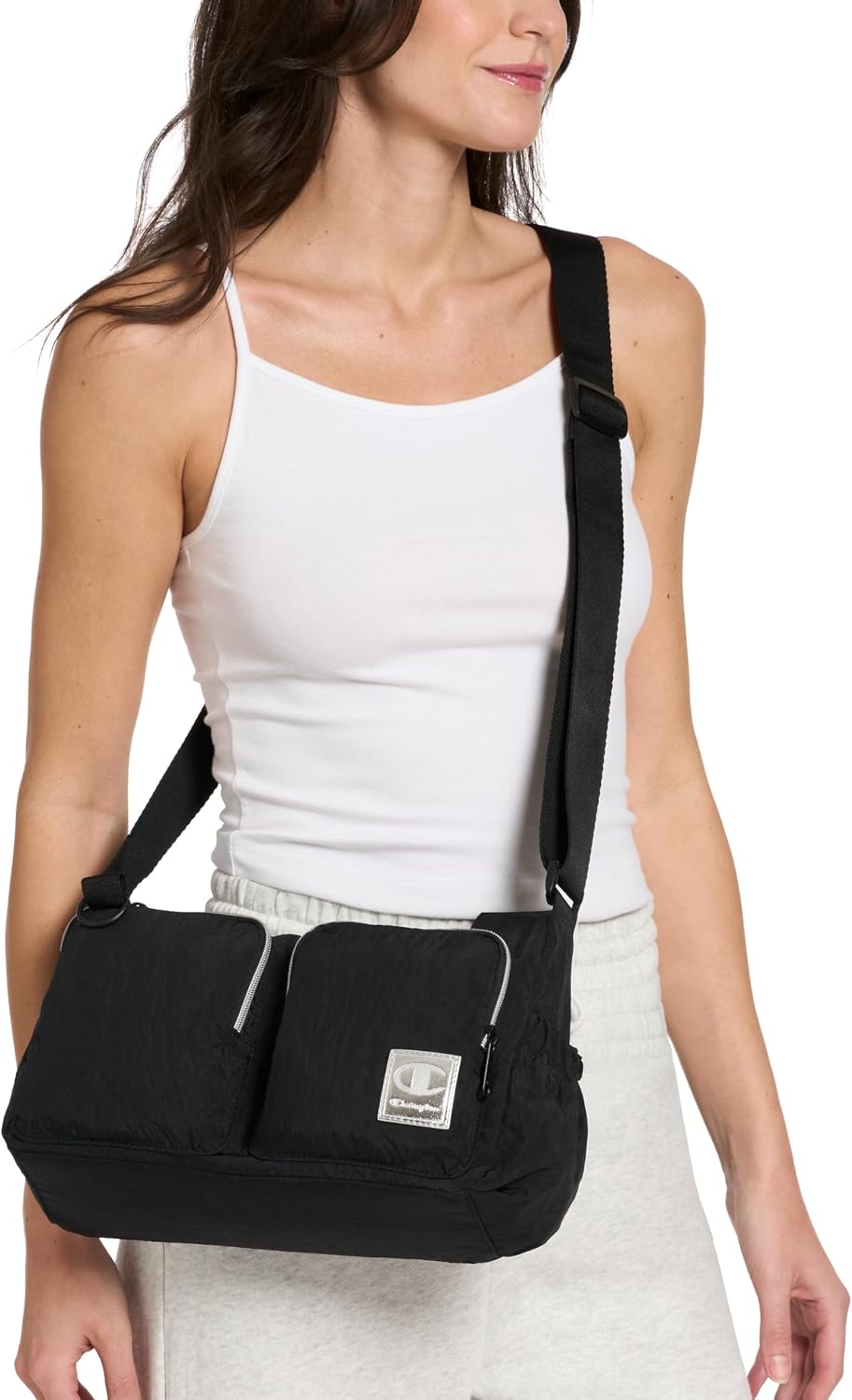 Champion Quartz Small Messenger Bag in Crinkle Nylon with Adjustable Strap, Water Bottle Pocket for Work, Travel, Commute