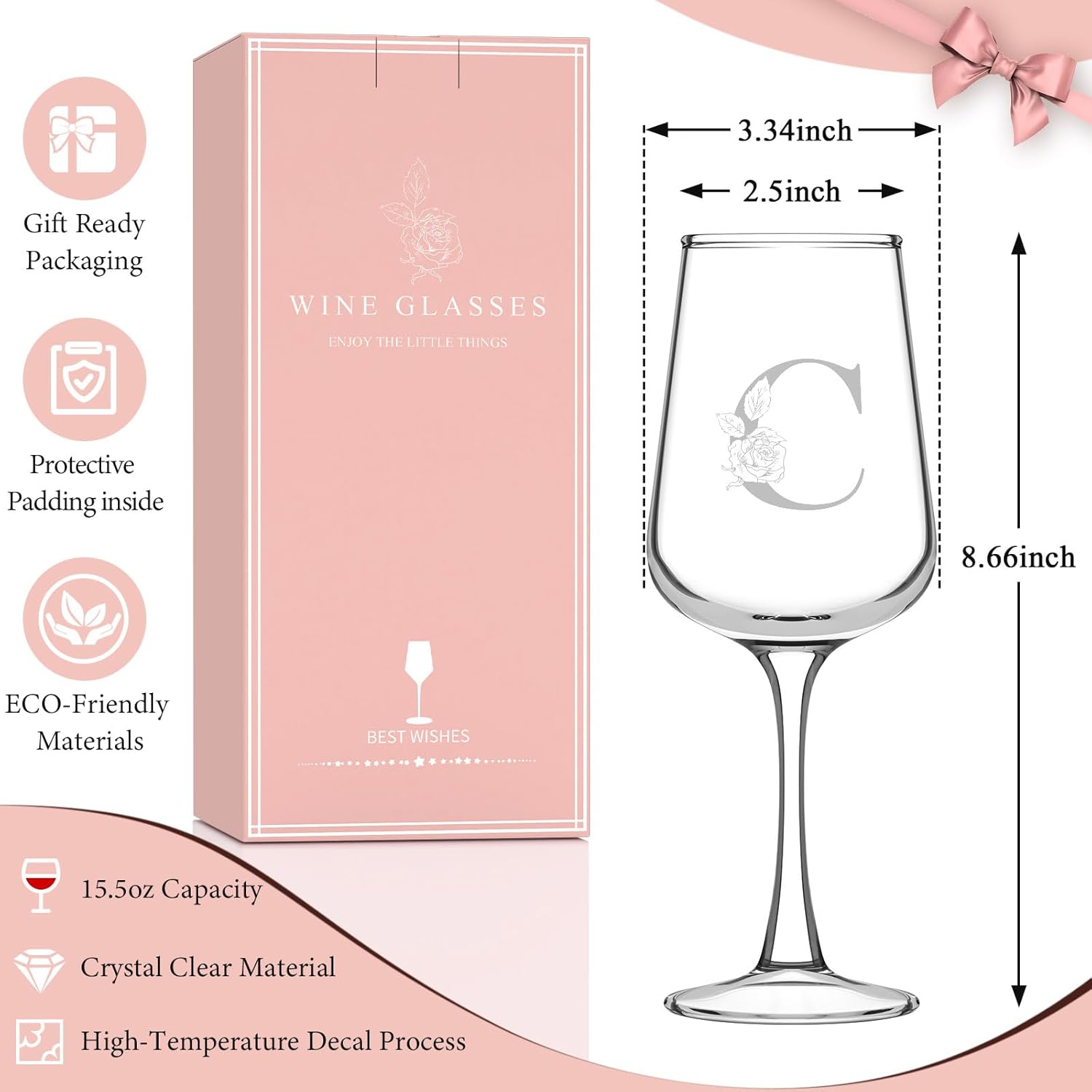 Mothers Day Gifts for Mom Grandma Wife Daughter Her, Personalized Initial Wine Glasses Custom Gift, Birthday Gifts for Women Mom Wife Best Friend Sister (C)