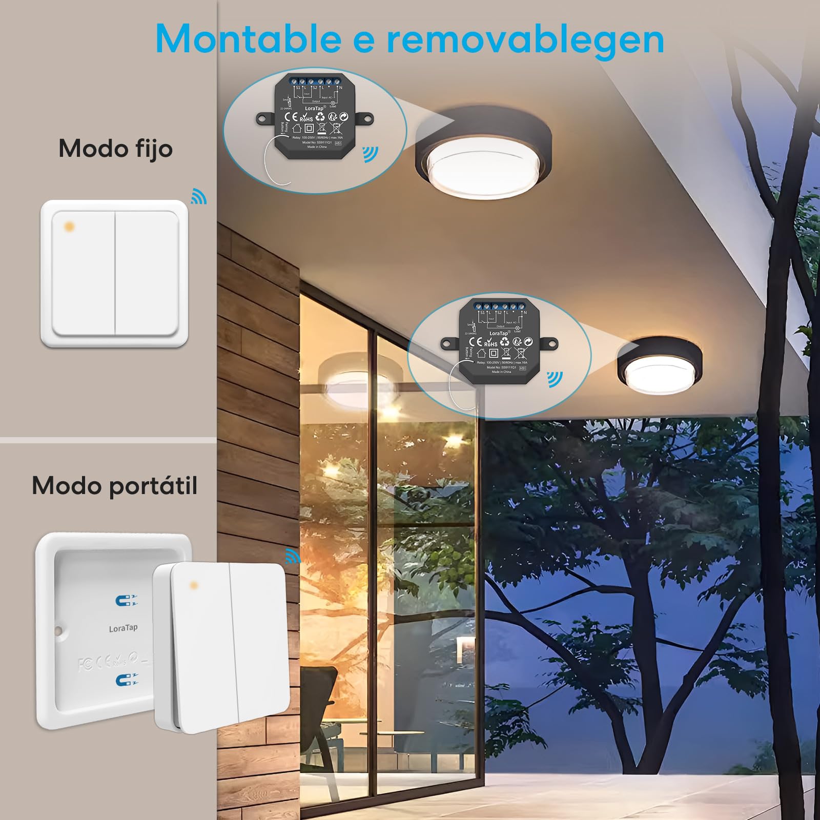 Interruptor de Luz Inalámbrico LoraTap, Mando a Distancia y 2 Receptor de Relé 10A, Interruptor Inalámbrico de Pared a 2 Gang para Lámparas y Electrodomésticos, RF Control Remoto de hasta 200m