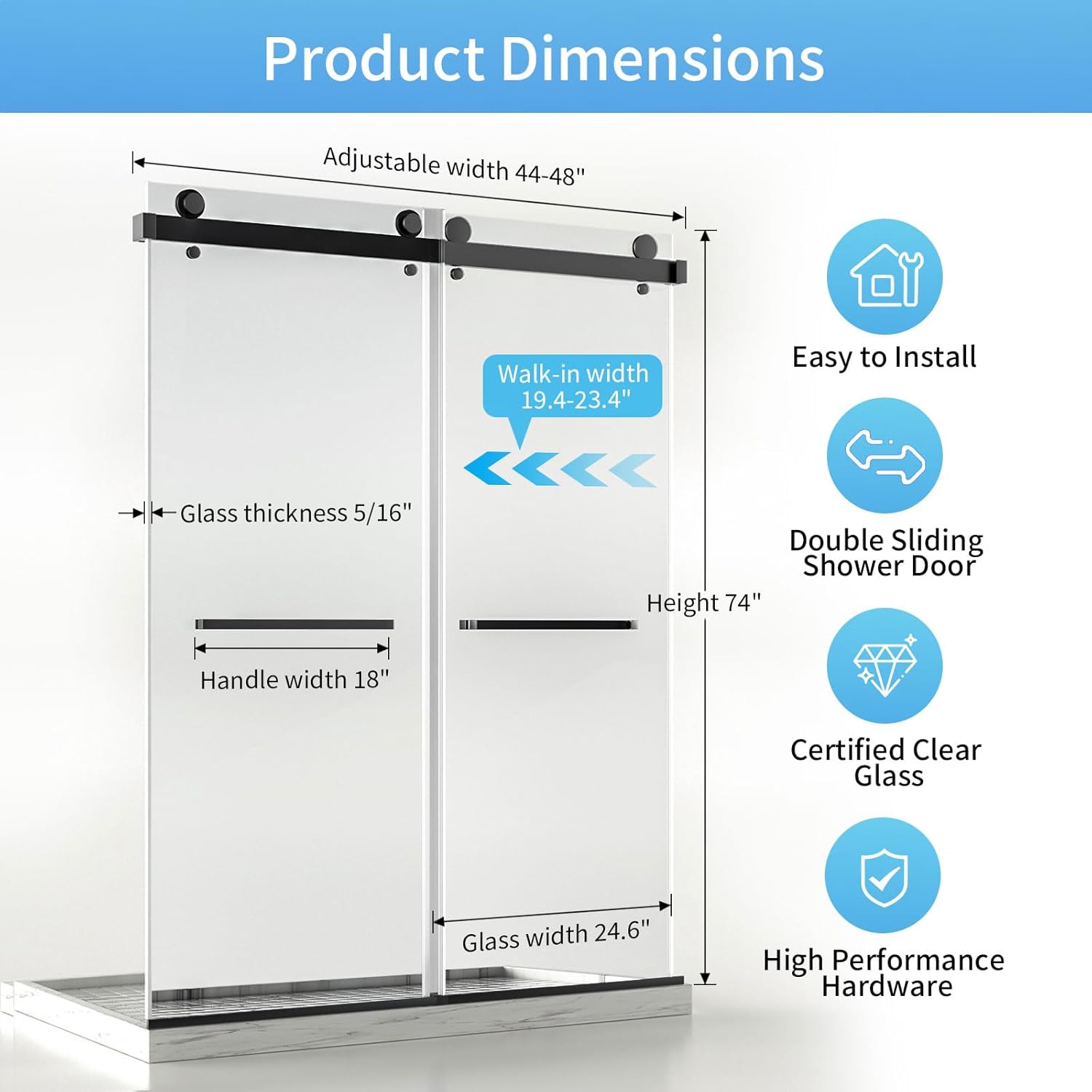 Frameless Shower Door, 48" W x 74" H Double Sliding Glass Shower Door, 5/16" (8mm) Tempered Clear Shower Glass Door with Explosion-Proof Film, Stainless Steel Sliding Shower Door, Matte Black