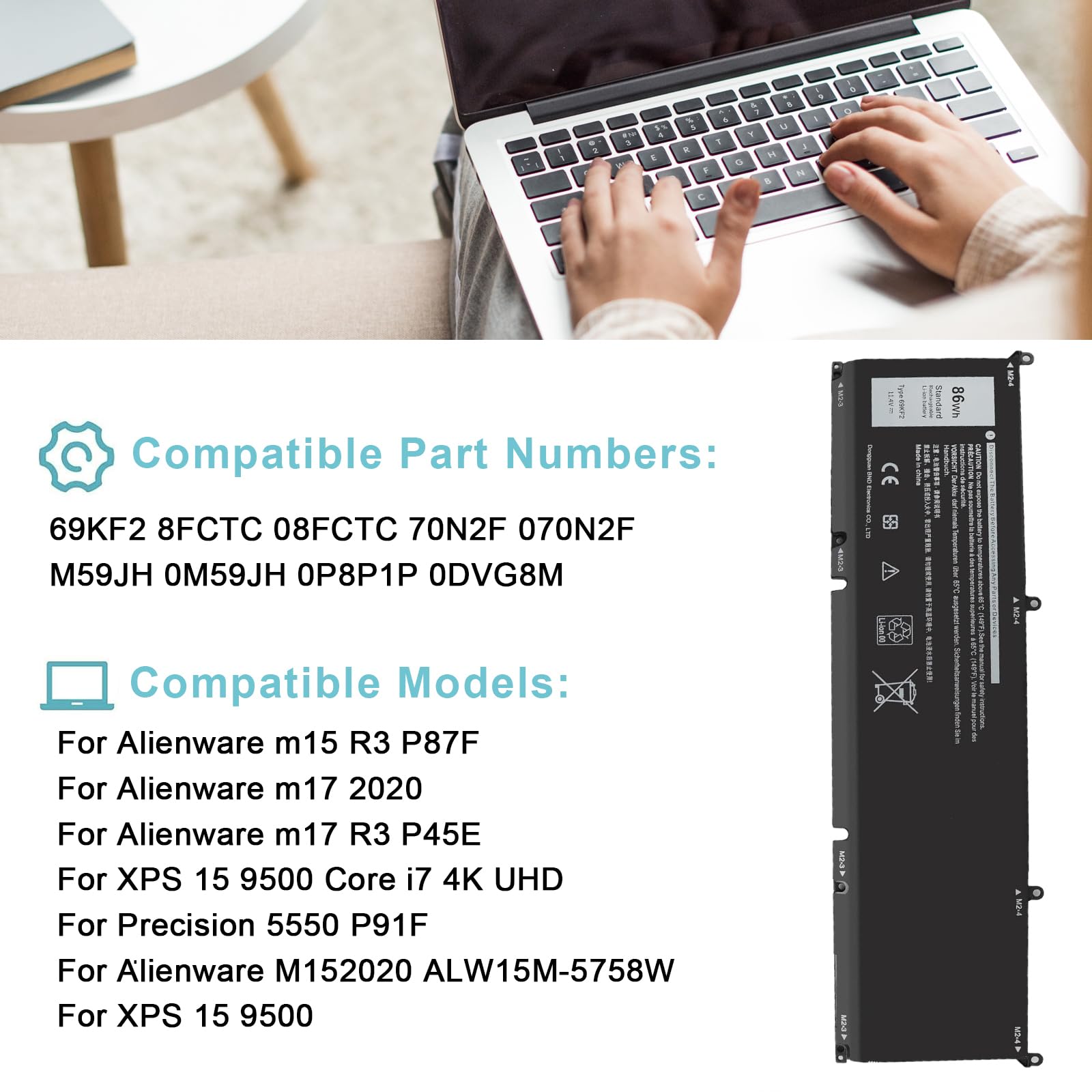 69KF2 Batterie de Rechange pour Dell G7 15 7500 G15 5510 5511 5515 5520 5521 XPS 15 9500 9510 Alienware M15 R3 R4 R5 R6 R7 M17 R3 RR 4 Precision 5550 5560 5570 Inspiron 7510 7610 7620 86 Wh 11,4