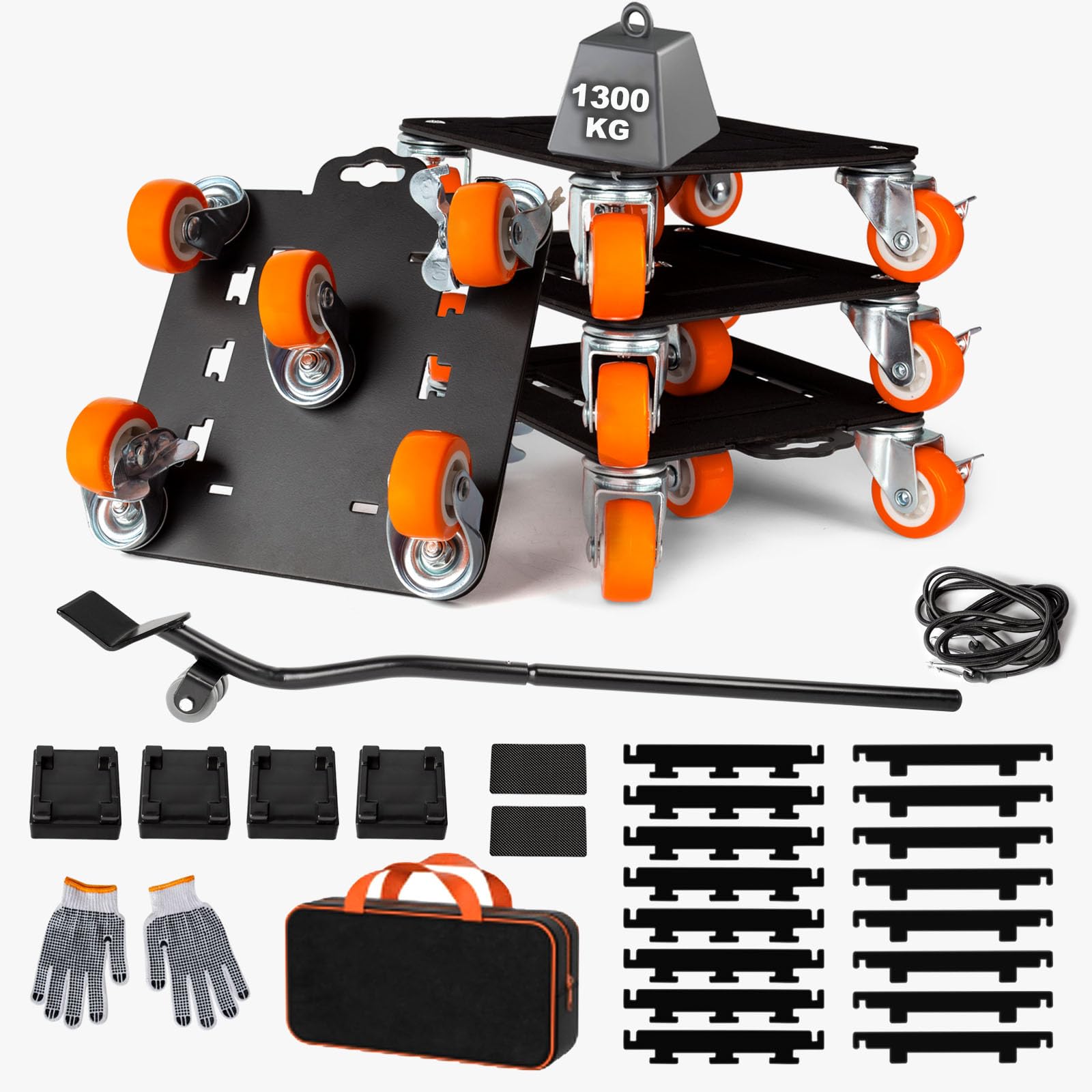 Kit Sollevatore Mobili, Spostare Mobili Pesanti, Kit Spostamento Mobili con Funzione di Parcheggio, Carico 1300 kg, con 5 Ruote Girevoli 360° per Spostamento Facile dei Mobili (Arancione)