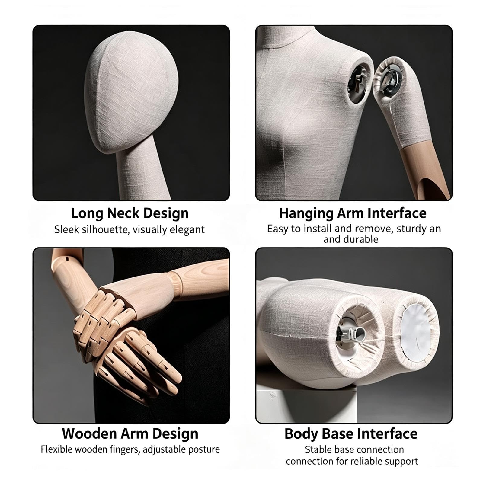 Manekin Kobieta Długa Szyja, Lniany Tułów, Drewn. Ramiona, Regul. Podstawa