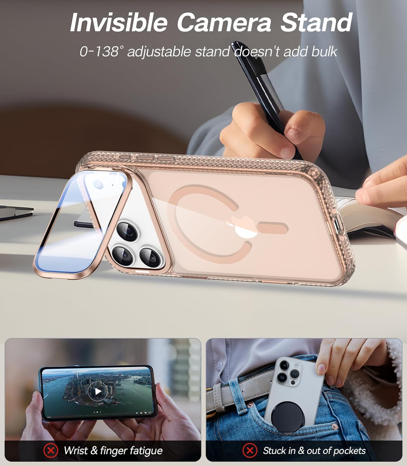 VOFATA [Upgraded Full Camera Protection] for iPhone 17 Pro Case with Camera Cover Stand [Fit for MagSafe][10FT Mil-Grade Protection] Transparent Magnetic iPhone 17 Pro Phone Case, Clear Gold