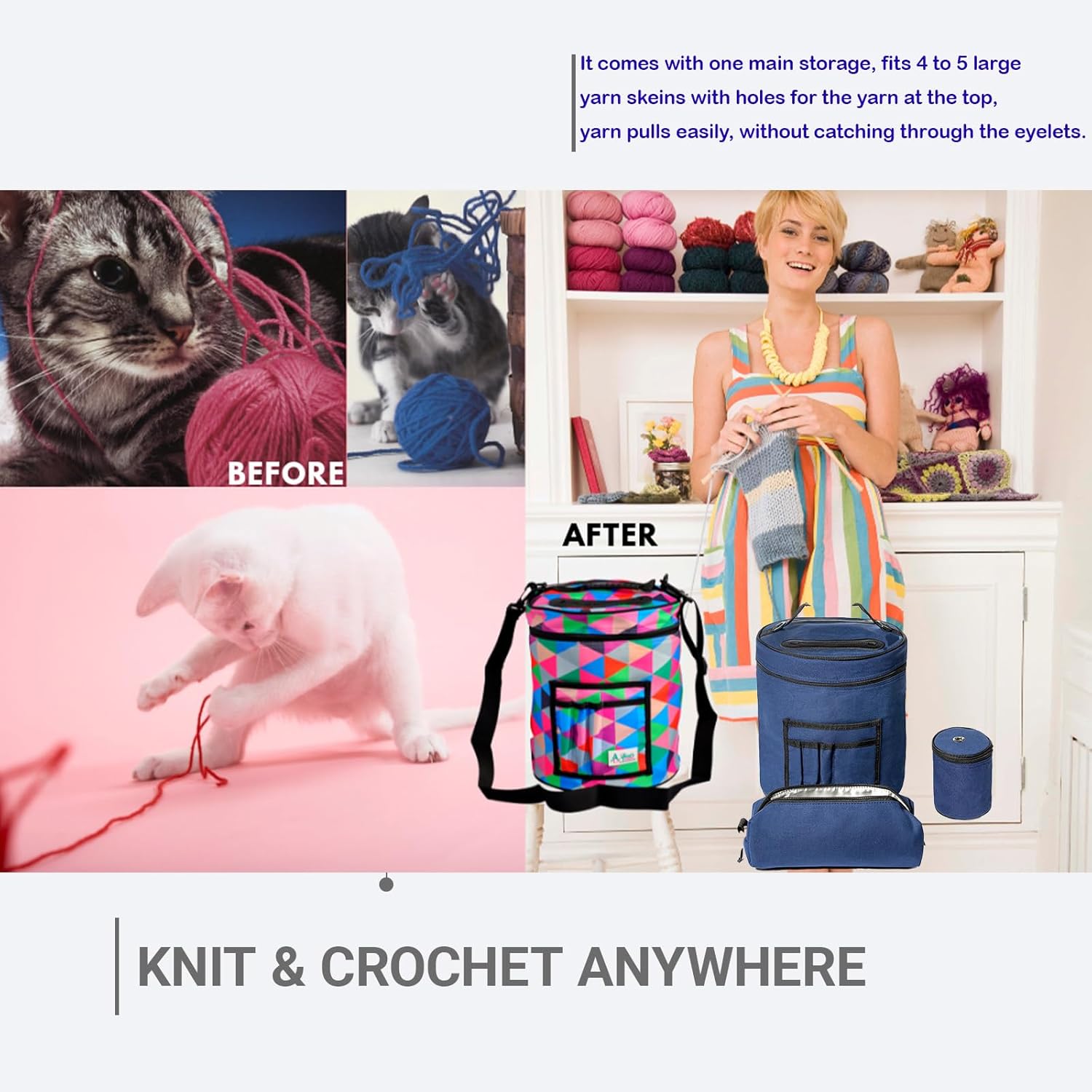 Knitting Bag - Yarn Tote - Crochet Storage & Knitting Accessories Organizer - Tangle Free 3-in-1 Crocheting Bags Lots of Space & Pockets. Portable Project Holder for Exceptional Organization