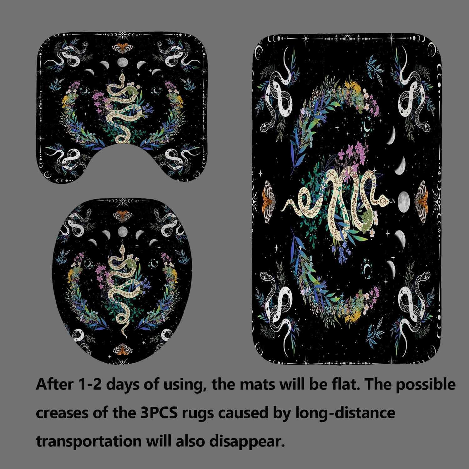 4PCS Black and White Snake Shower Curtain Sets with Rugs, Waterproof Fabric Black Shower Curtain, Galaxy Moon Phase Colorful Wildflower Plant Moth Boho Mysterious Gothic Witchy Bathroom Decor