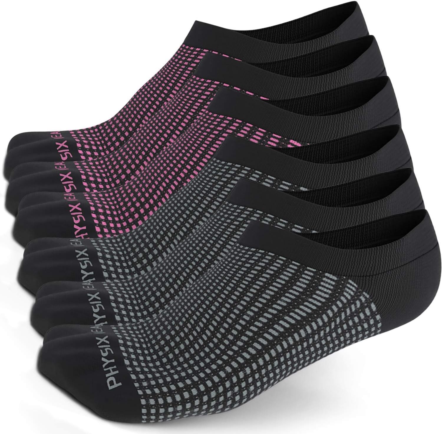 Physix Gear Sport 6 Pairs of No Show Socks (3 Black/Grey Ankle + 3 Black/Pink Ankle)