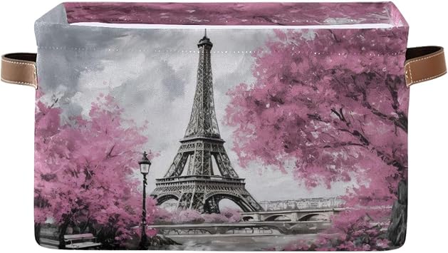 Oil Painting Paris Foldable Storage Basket for Shelves, Collapsible Sturdy Storage Bin with Handles, Canvas Storage Cube for Organizing Closet 1PCS