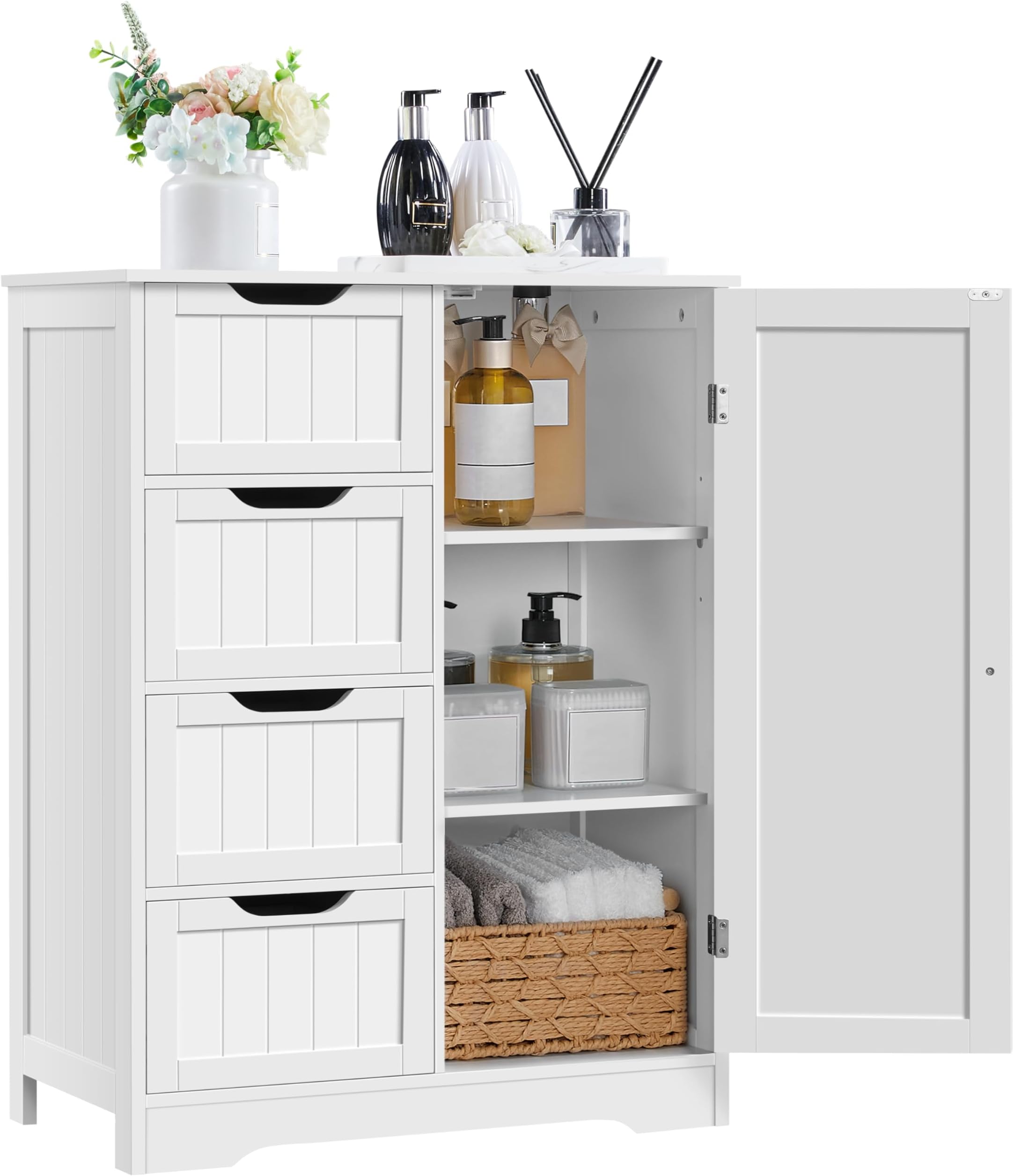 Large Bathroom Floor Cabinet with 4 Dawers and Single Door Cabinet, Freestanding Storage Cabinet for Living Room Kitchen Hallway, White
