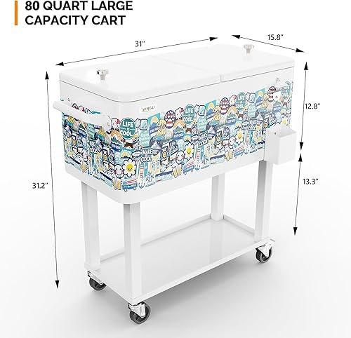 Vista 21 de VINGLI Baúl de hielo rodante de 80 cuartos de galón, carrito portátil para fiestas en el patio, bar, con estante, piscina de bebidas con abridor