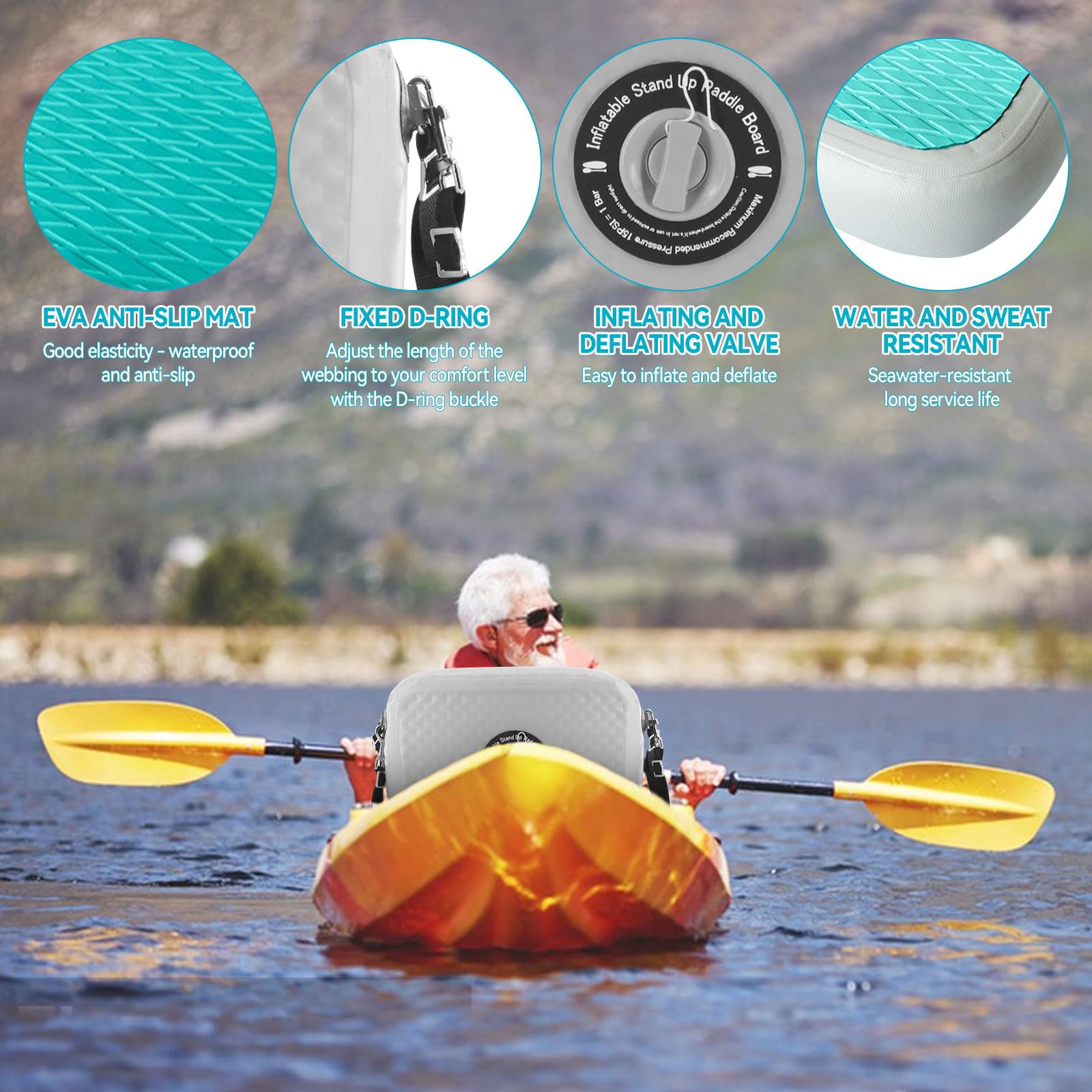 Sedile gonfiabile per kayak con supporto posteriore, sedile gonfiabile aggiuntivo per tavole gonfiabili, sedile per canoa, sedile per barca, sedile SUP, sedili kayak di supporto, confezione da 2