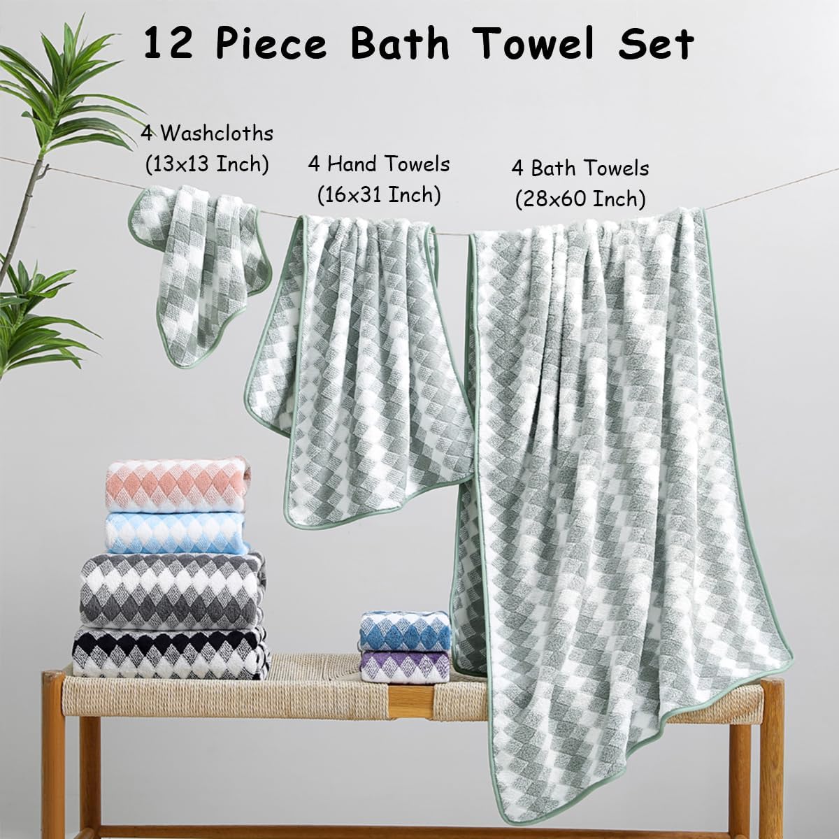 12 Pcs Green White Diamond Towel Set-4 Bath Towels,4 Hand Towels,4 Washcloths Soft Polyester Towels with Loop Absorbent Shower Towel Quick Dry Beach Chair Towel Family Towels for Bathroom Spa Gym Pool