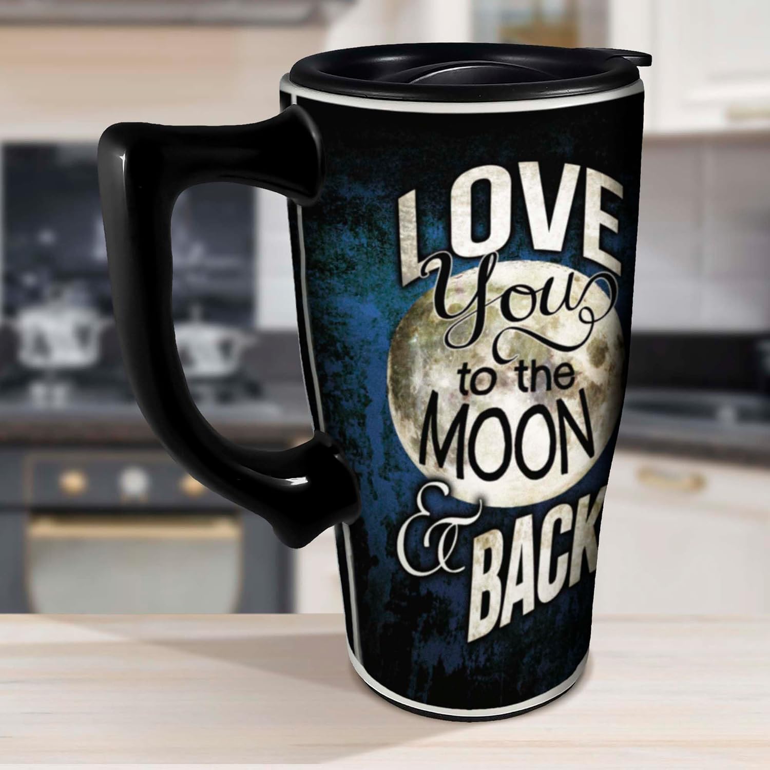 Spoontiques - Ceramic Travel Mugs - Love To The Moon and Back Cup - Hot or Cold Beverages - Gift for Coffee Lovers