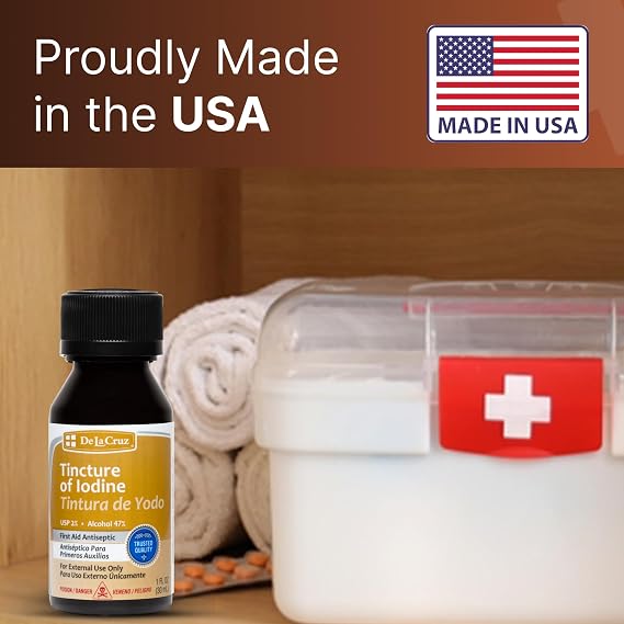 De La Cruz 2% Iodine First Aid Antiseptic, Made in USA 1 FL OZ (1 Bottle)