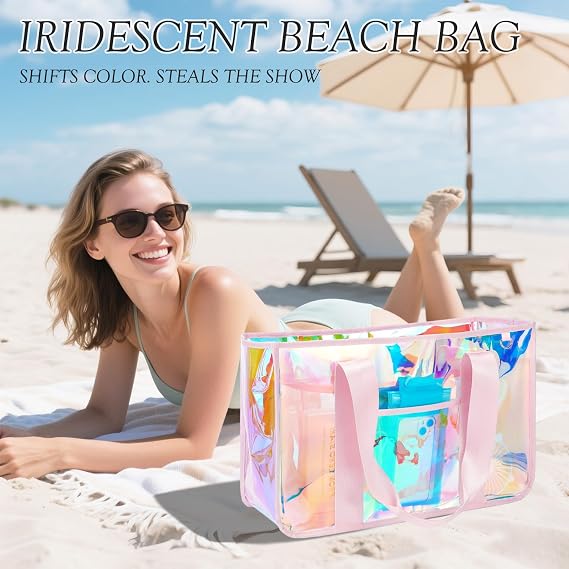 Fammart Iridescent Clear Beach Bags Waterproof Sandproof for Women, Large Jelly Tote Zipper Pool Bag Cruise Essentials 2026