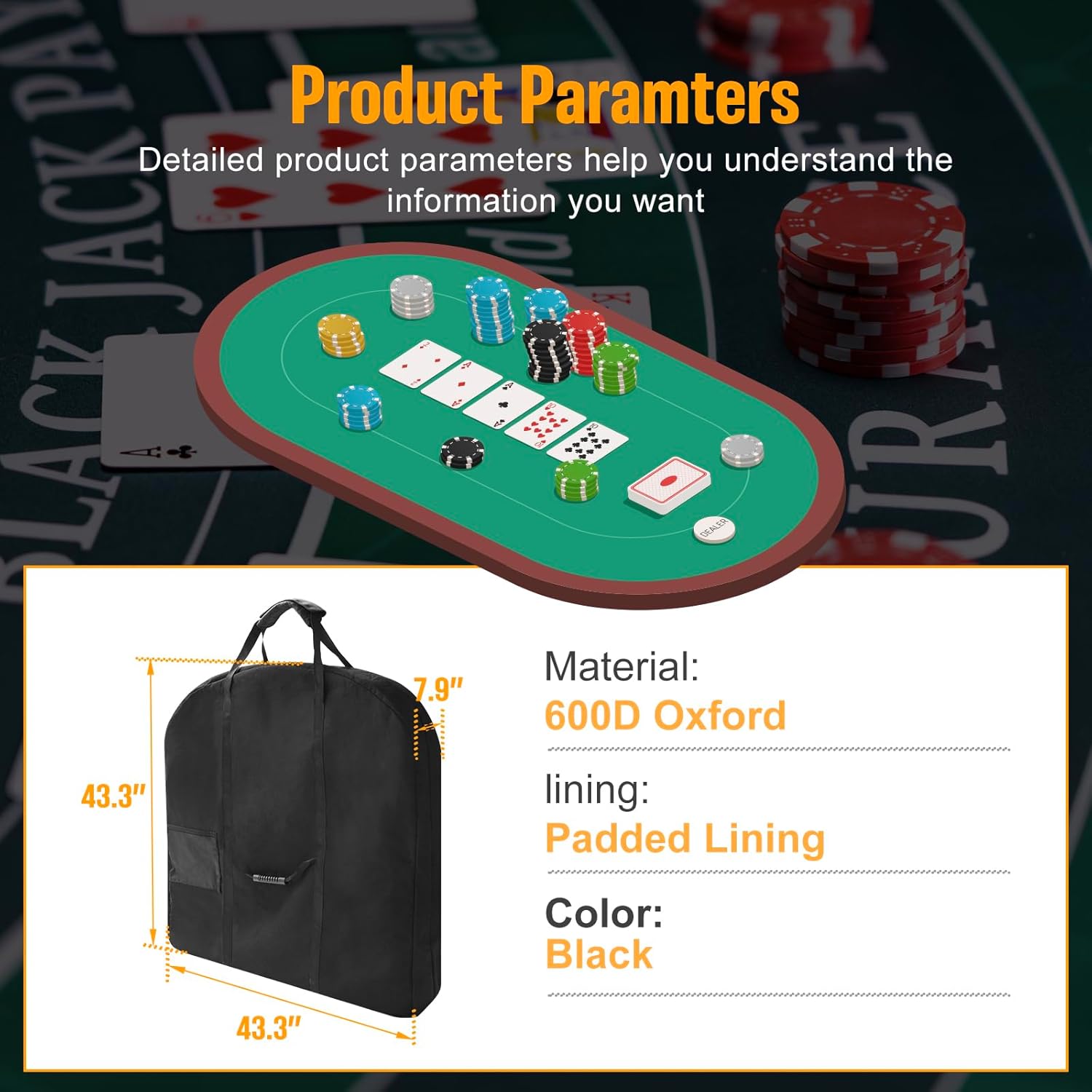 84" Oval Folding Poker Table Storage Bag, 600D Waterproof Storage Cover with Large Capacity for Poker Card & Picnic Tables,Portable Protective Covers Black