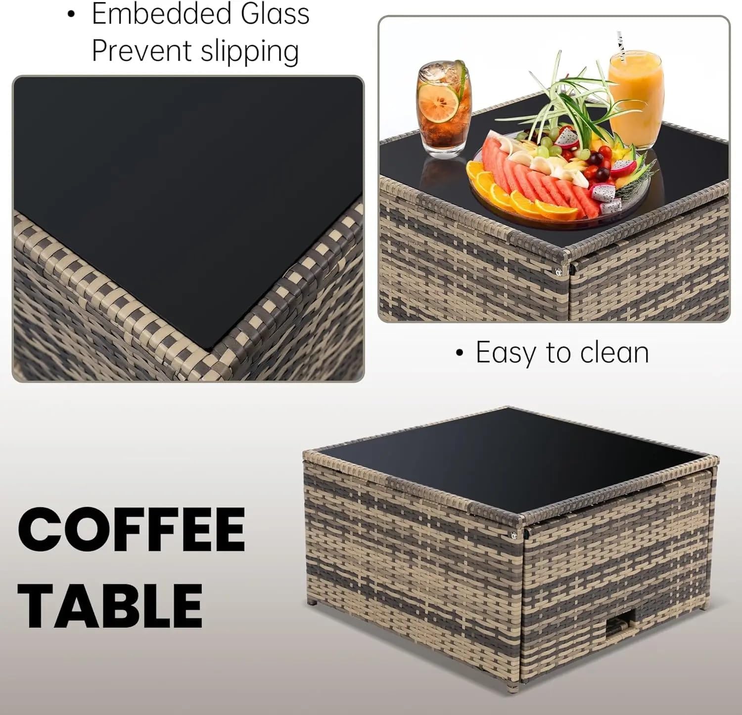 8 Pieces Outdoor Wicker Rattan Patio Furniture Sectional Set, All-Weather Wicker Patio Conversation Sets Glass Top Table with Hidden Storage for Porch Garden Backyard Balcony