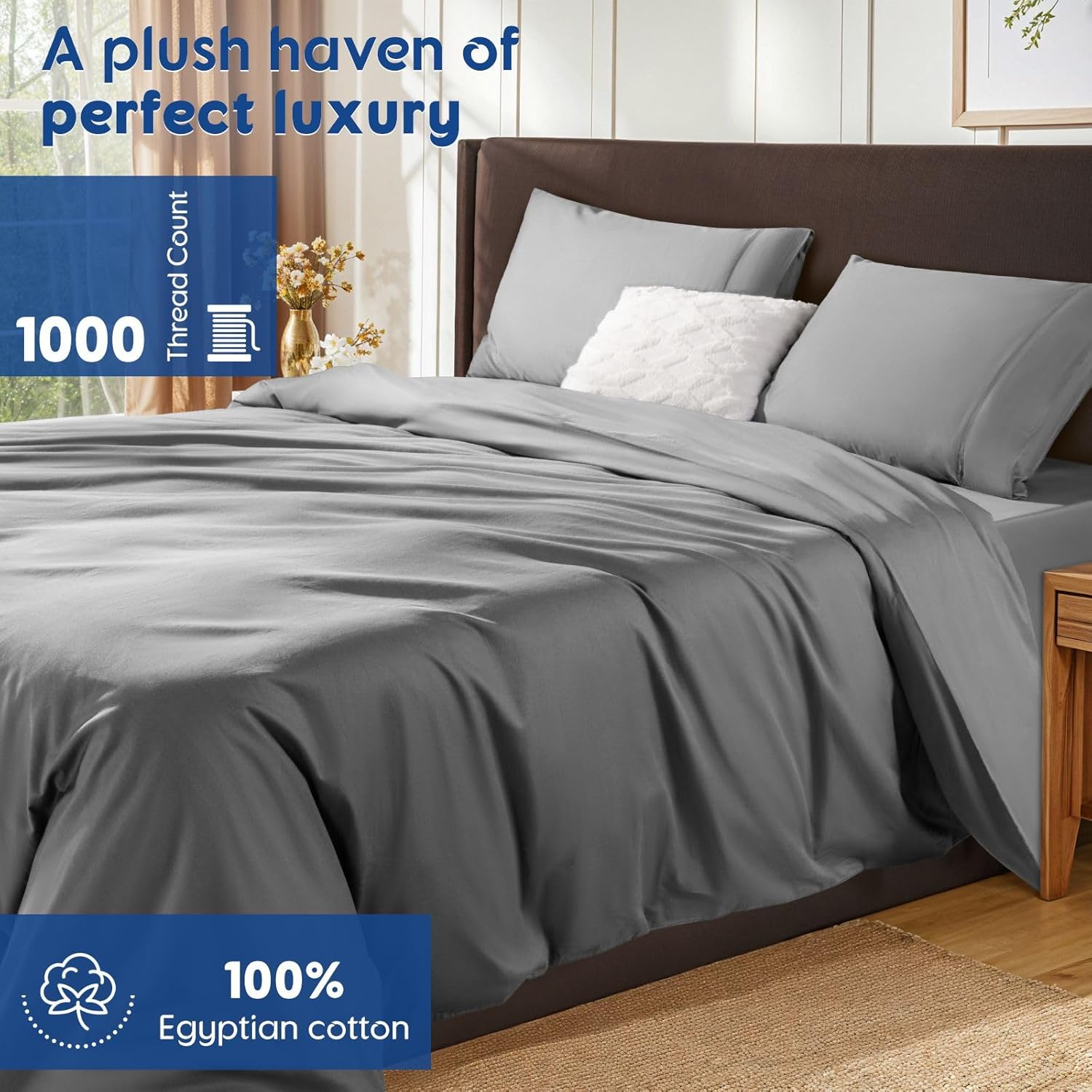 sonoro kate 100% egyptian cotton duvet cover queen size, 1000 thread count sateen duvet cover, soft, breathable cotton comforter cover with hidden zipper closure - 3 pc (grey,queen) grey queen