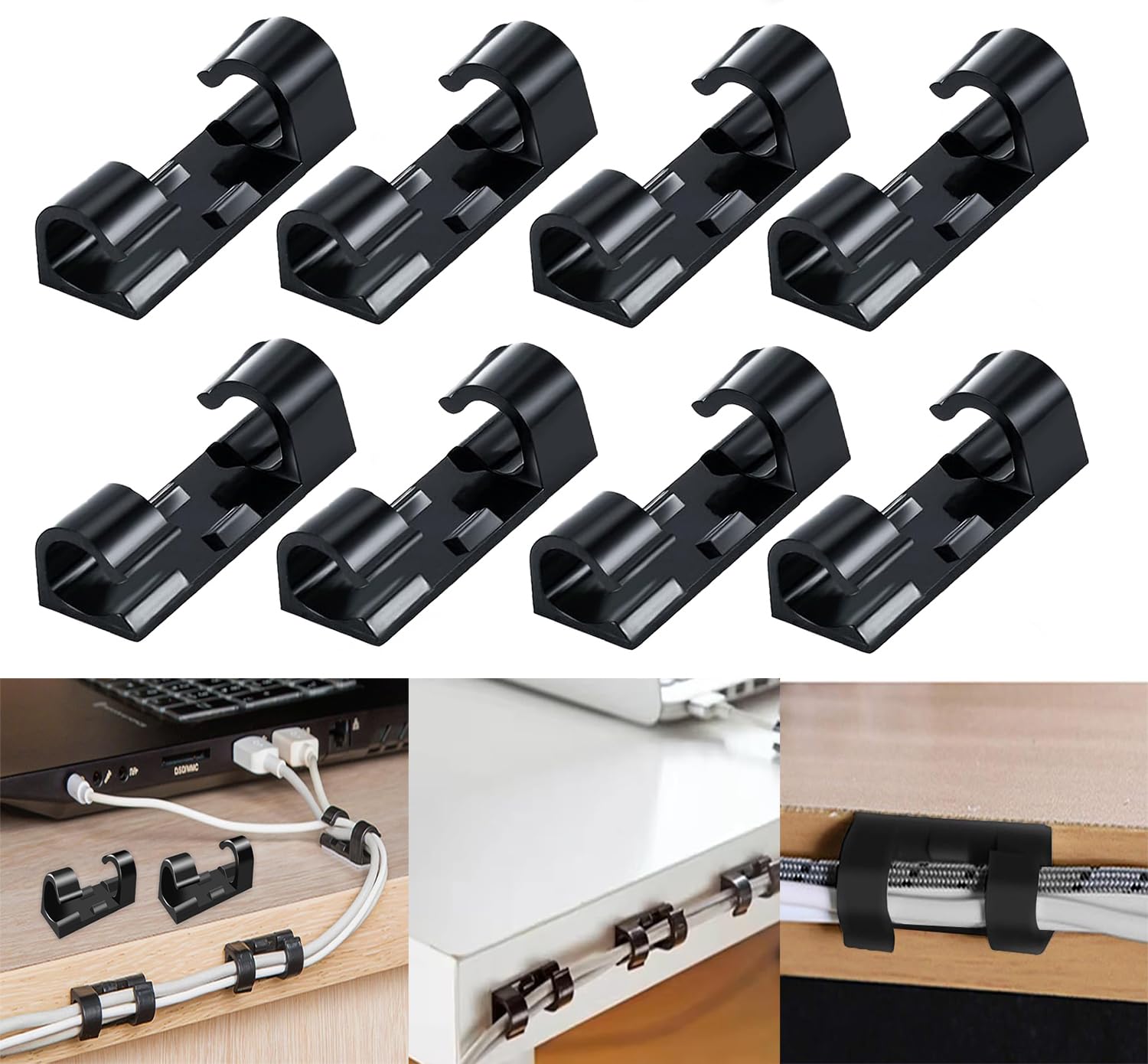 INOVERA (LABEL) 20 Pieces Wire Organizer Cable Management Clip Desktop Cord Hook with 3M Adhesive Foam (Black)
