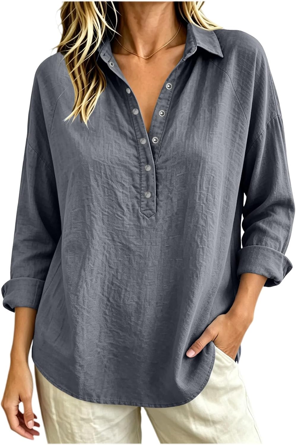 Womens Button Down Shirts Casual V Neck Linen Blouses | Grommet Metal Buttons, Roll Up Cuffed Sleeves, Relaxed Slub Texture, Curved Draped Hem, Smart Commuter Office Wear