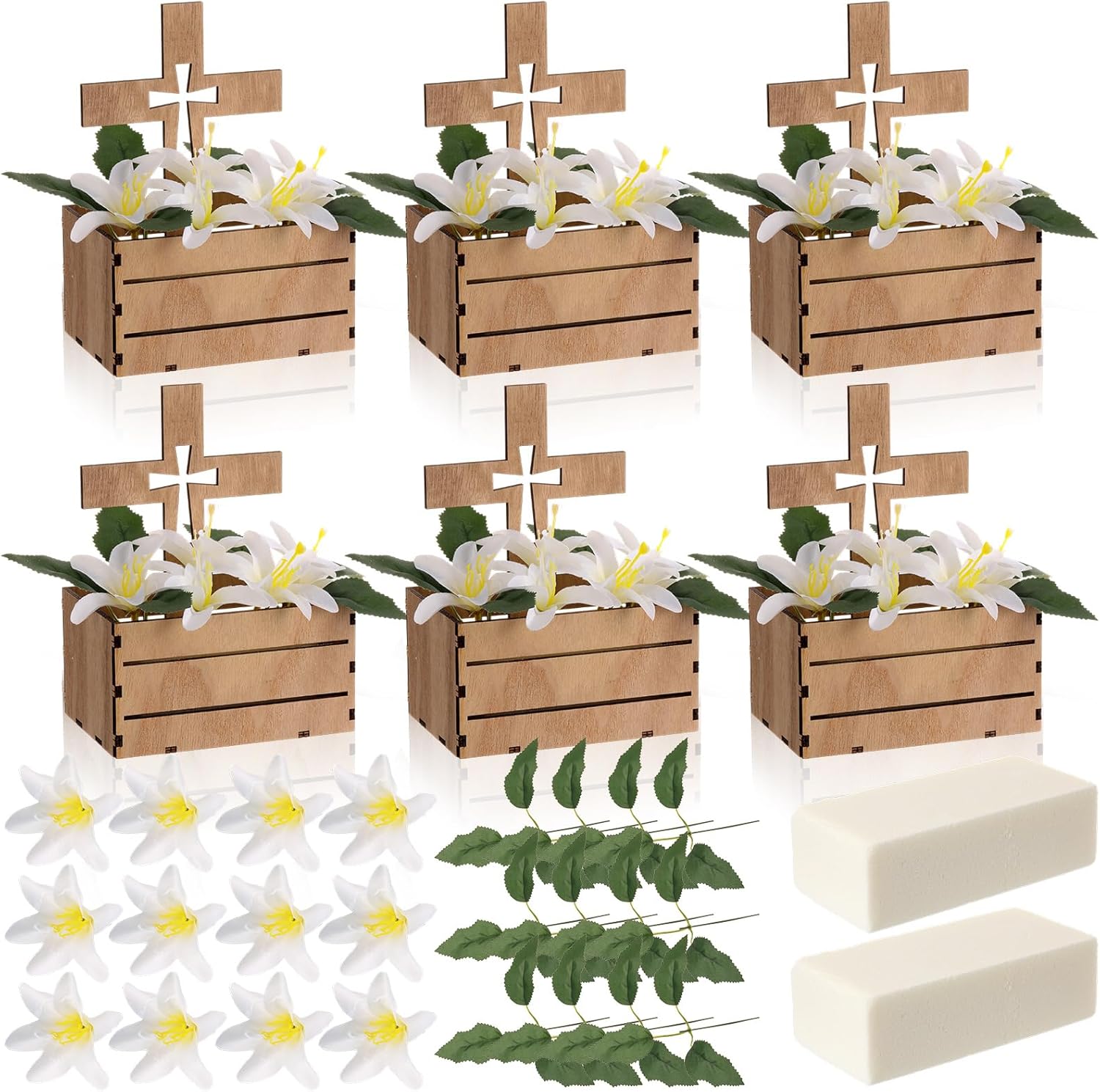 LemonRoad 6 Sets First Communion Table Decor Easter Wooden Cross Eucalyptus Leaves Easter Lily Centerpieces for First Communion Baptism Party Christening Celebration Religious Decor