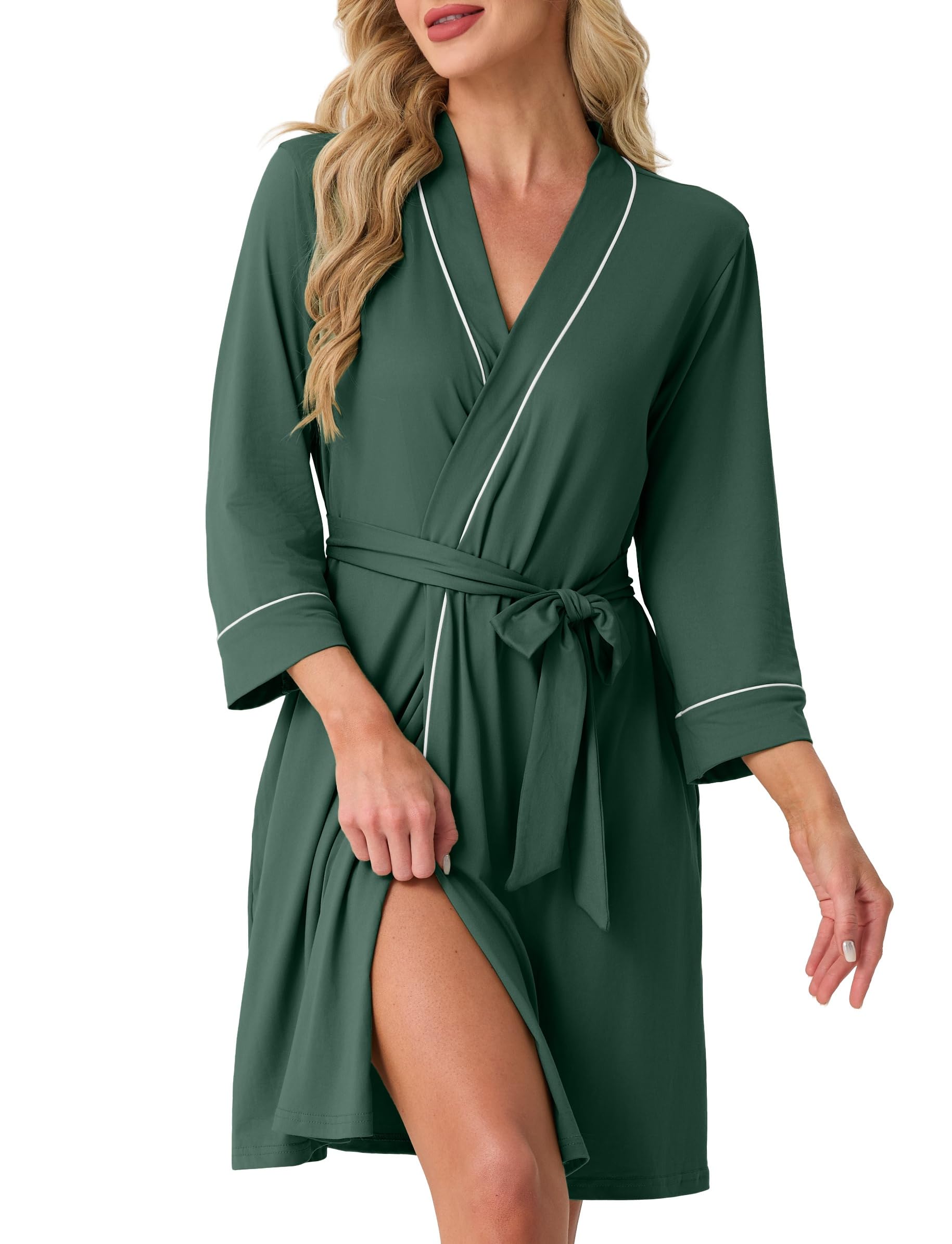 PrinStory Womens Robe Knee Length Soft Knit Bathrobe S-2XL