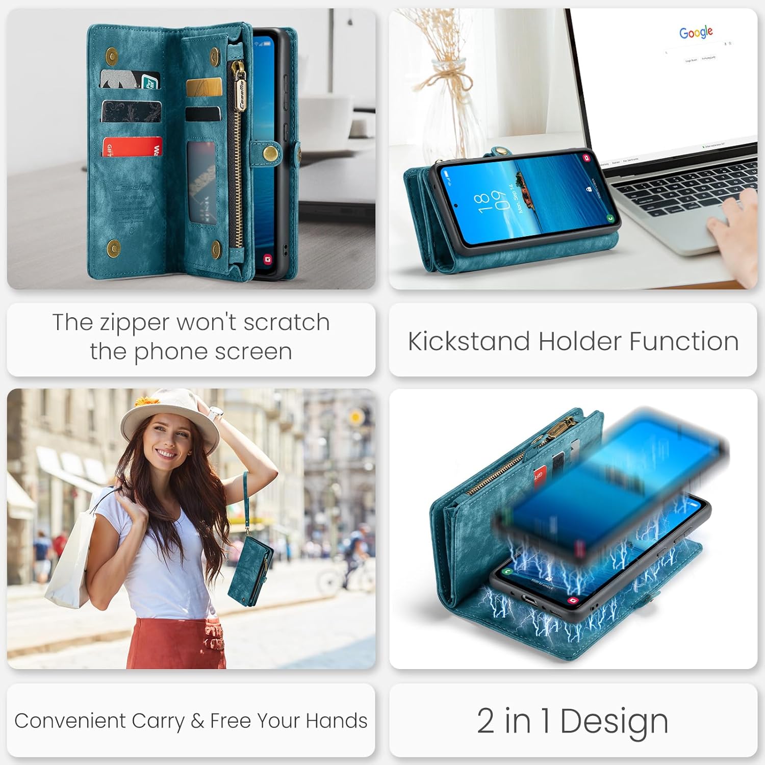 Case Compatible with Samsung Galaxy A35,Genuine Leather Wallet Detachable Magnetic Cell Phone Cover Wireless Charge Zipper Purse RFID Blocking Card Slot Holster (Blue, A35)