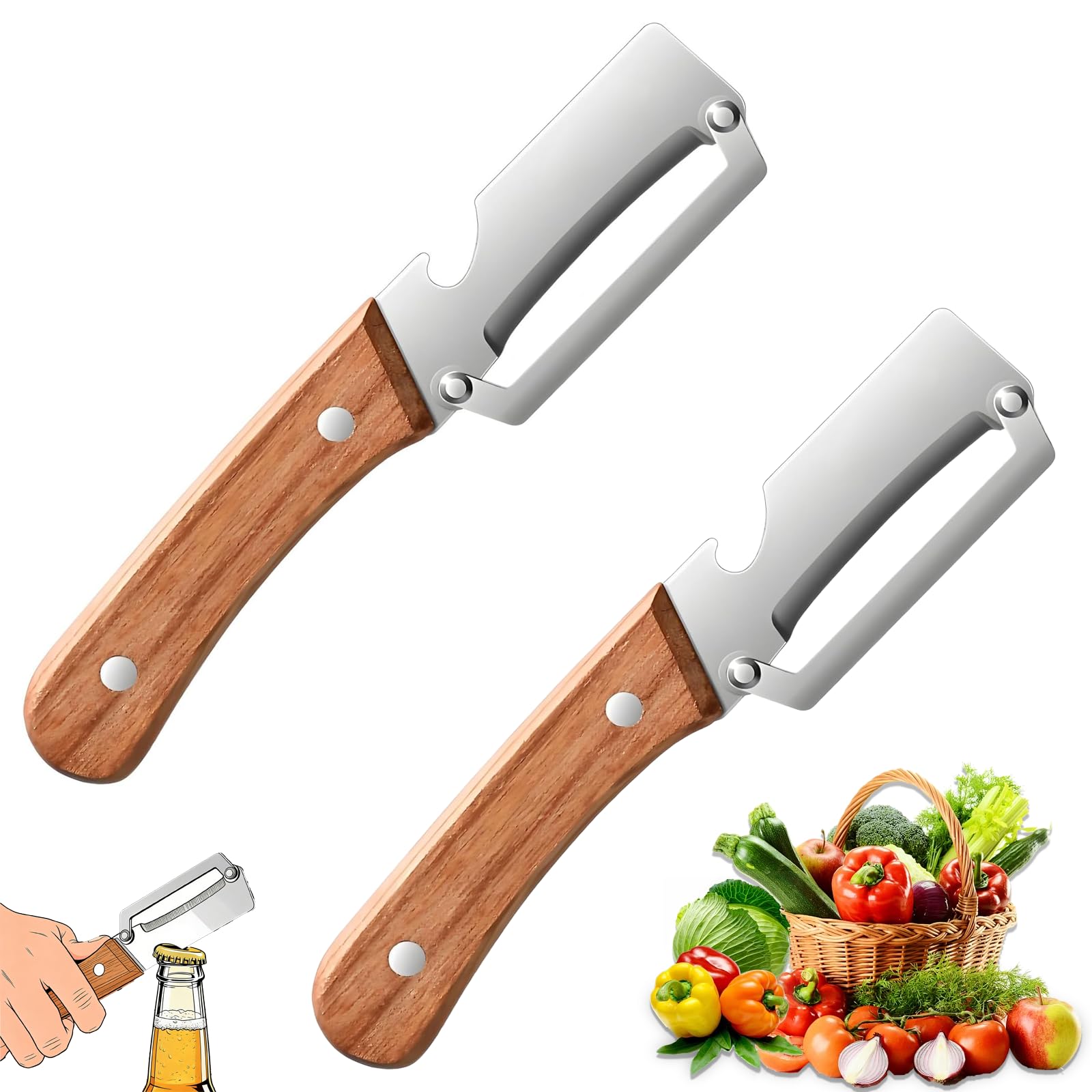 2 Pack Multifunctional Vegetable Peeler, Stainless Steel Blade with Ergonomic Wooden Handle, Non-Slip Fruit & Potato Peeler for Kitchen Use