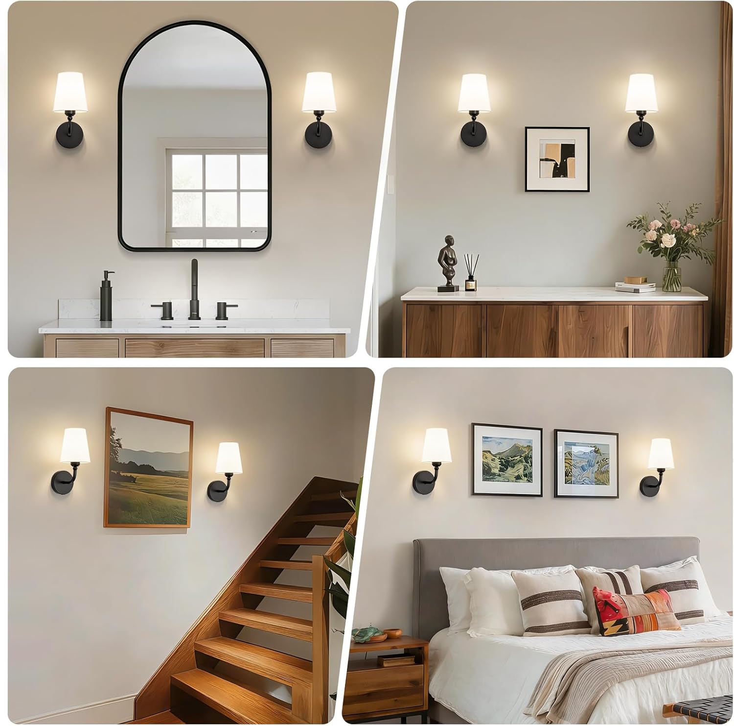 Modern Bathroom Vanity Light, Matte Black Bathroom Light Fixtures, Set of 2 Lighting Fixtures Over Mirror, Modern Wall Sconce with Flared White Fabric Shade, E26 Socket(ETL Listed)