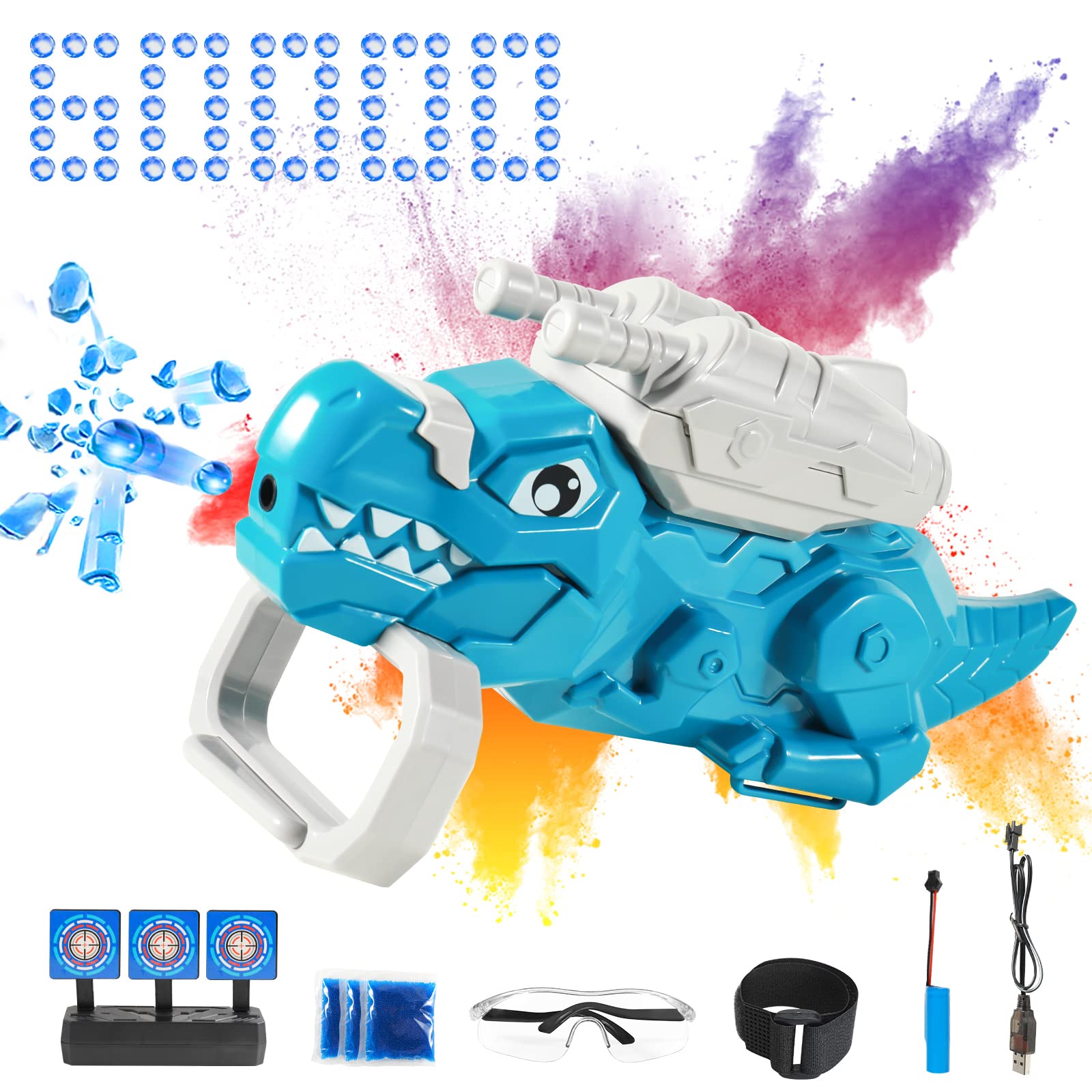 Electric Gel Ball Blaster -Dinosaur Design,Eco-Friendly Splatter Ball Blaster Automatic,with 60000+ Water Beads and Goggles,Dinosaur Toys,Outdoor Yard Activities Shooting Game,Ages 12+