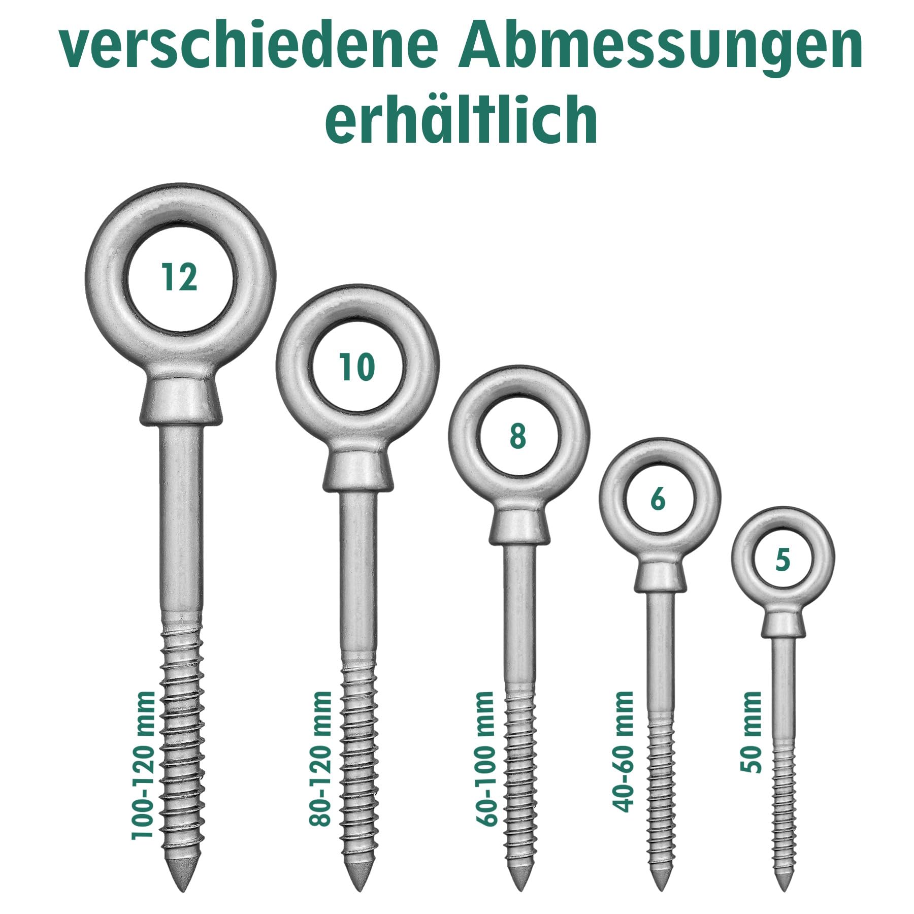 DSM – Augbolzen 6 x 60 mm – mit Holzgewinde – Edelstahl A4 – 50 Stück | [TrueSpec Präzision] Ringschraube Ösenschraube Schrauböse Augenschraube – Aufhängung für Holz, Garten, Boot, Ketten, Seil