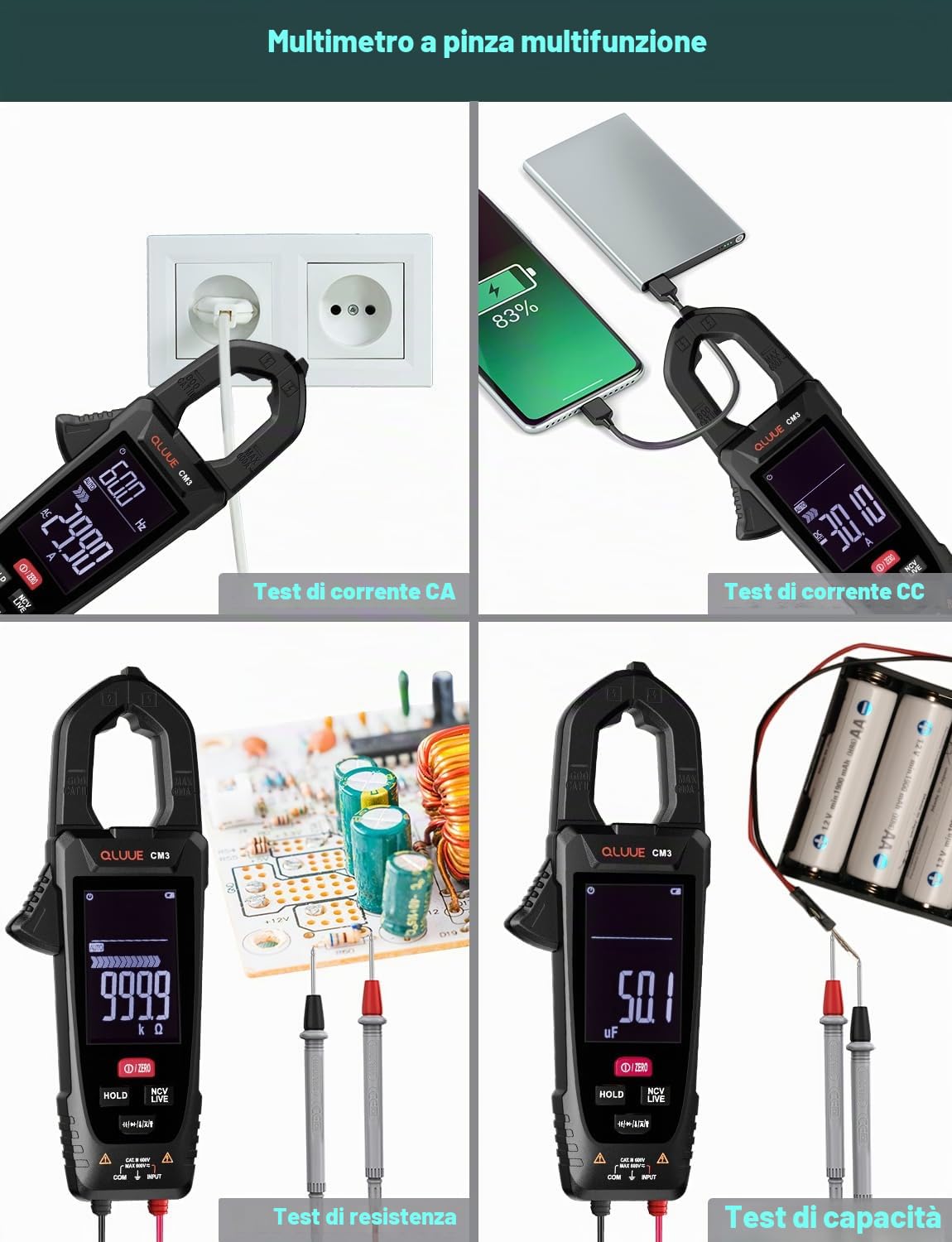 Clamp Metri Multimetro Test di tensione AC/DC, strumento con tester automatico NCV, misurazione di corrente, temperatura, capacità, resistenza, passaggio