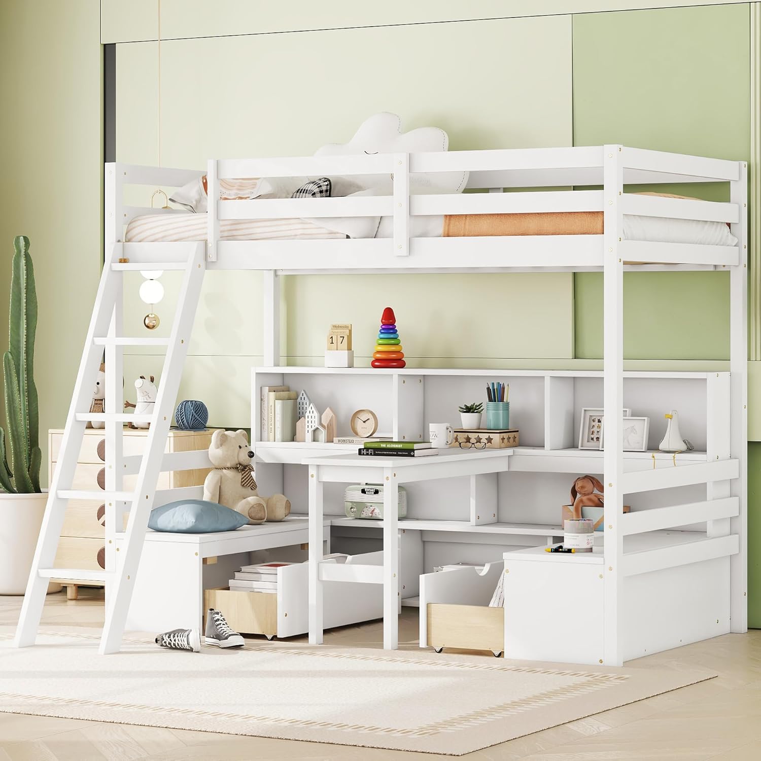 Twin Loft Bed with Desk and Benches, Wooden Loft Bed Burundi Ubuy