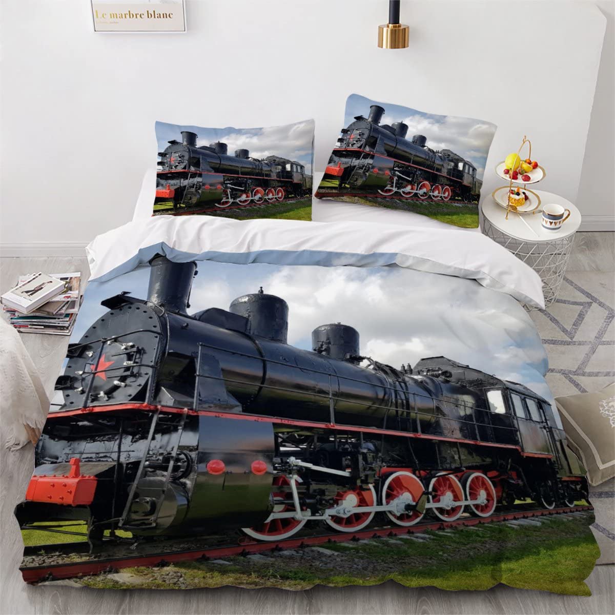 Duvet Cover set single Steam Train 3d Printed Quilt Cover with Zipper Closure and Pillowcase Retro Locomotive Comforter Cover 3 Pieces Ultra Soft Microfiber Bedding Set for Girls Teens