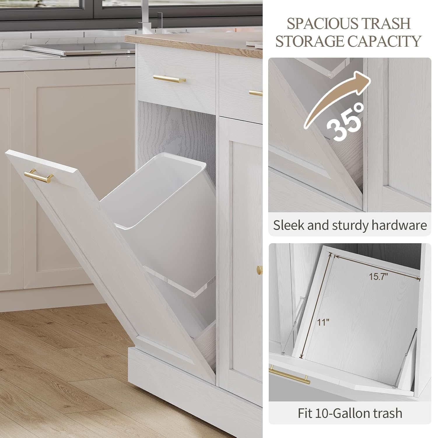 4 EVER WINNER 53" Rolling Kitchen Island with Trash Can Storage, Solid Wood Countertop, 3-Tier Sliding Spice Rack, Drawer & Towel Rack, Mobile Island Table with Storage, White