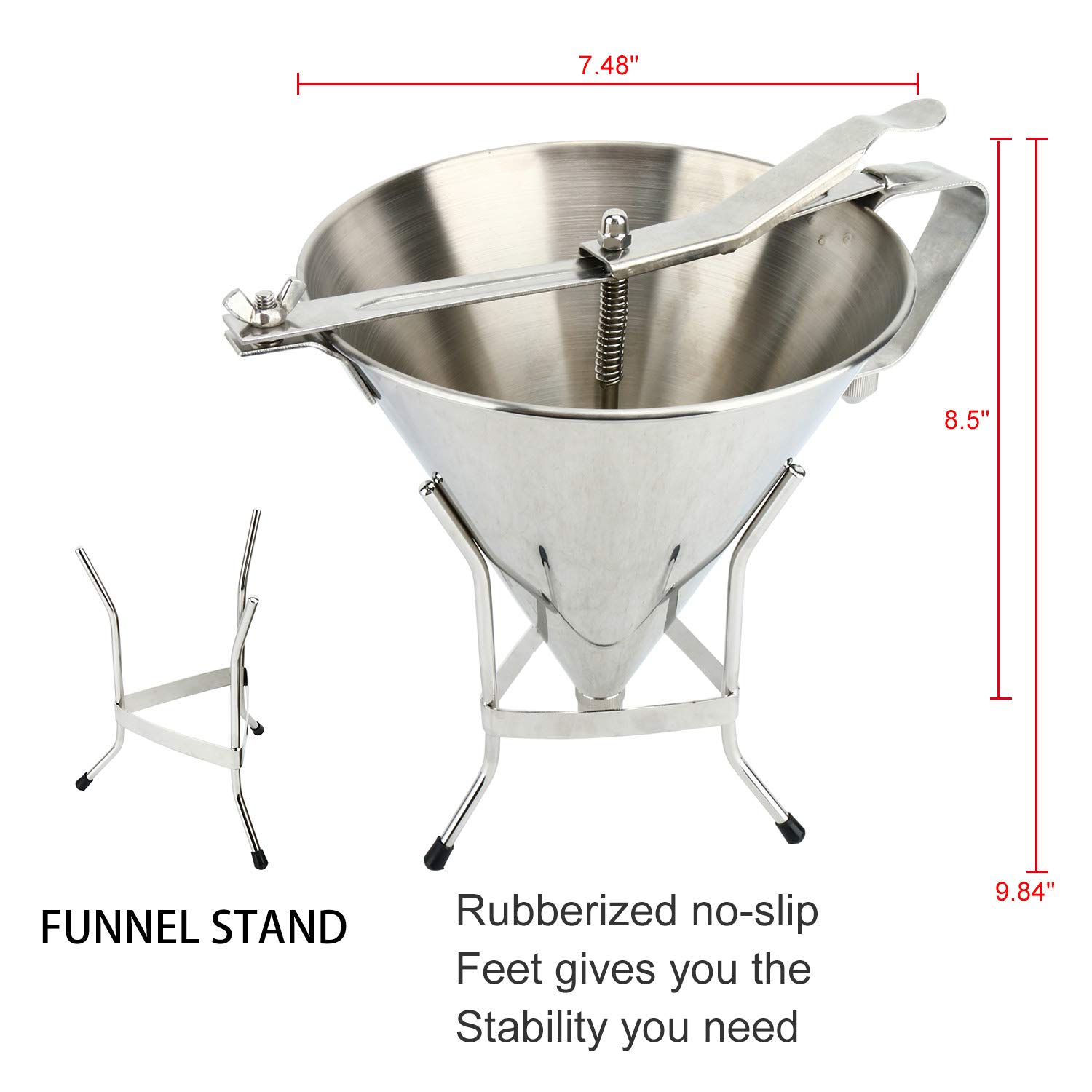 YaeGarden Confectionery Funnel Stainless Funnel Stainless Cake Funnel Cake Decorating Tool Funnel with Stand and Three Nozzles Commercial Quality Tool, 7.48 Inch Diameter and Stands 9.84 Inch Tall