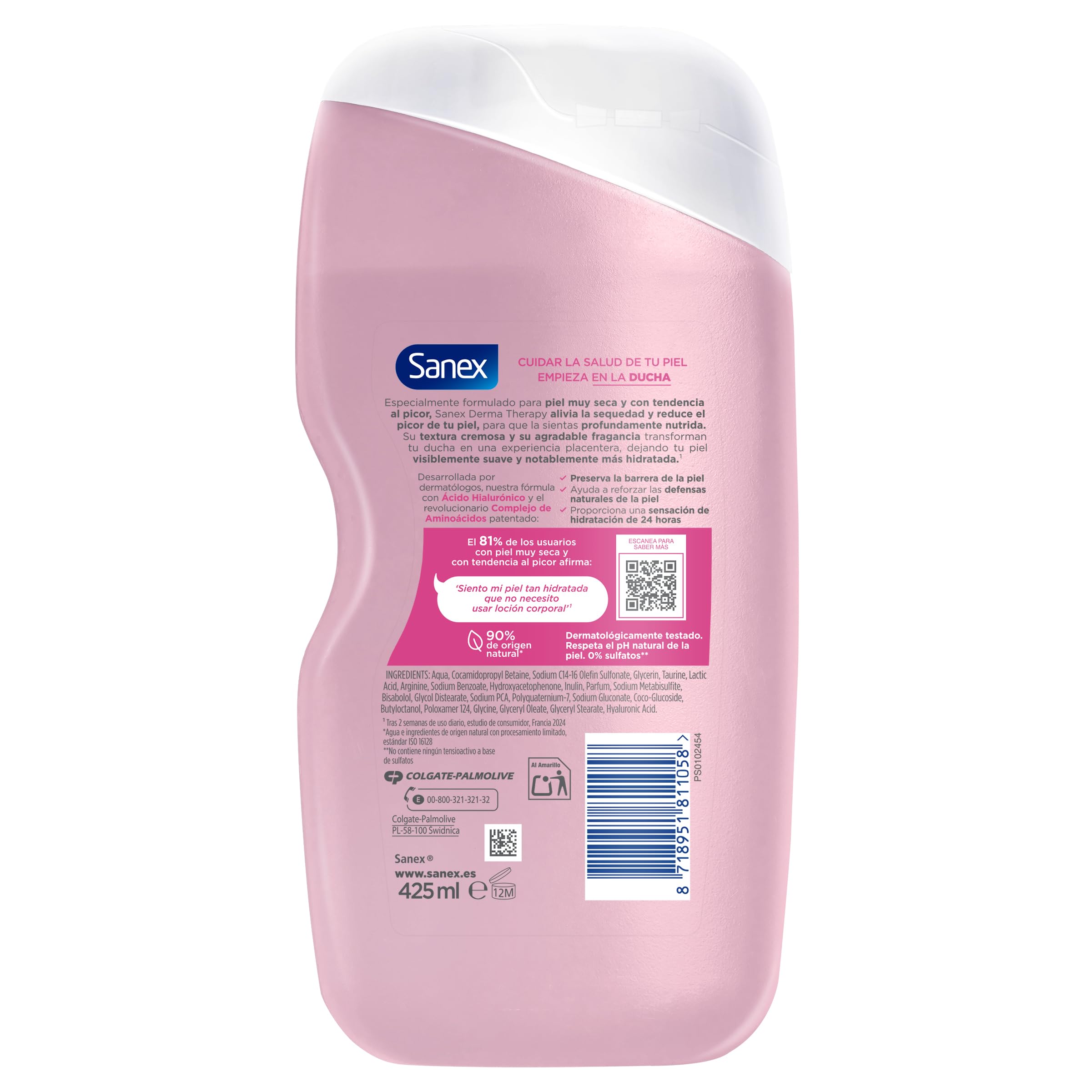 Sanex Derma Therapy Anti-Sequedad Gel de Ducha Cremoso, 6 x 425ml | gel de ducha para piel seca | alivia la sequedad y reduce el picor | complejo de aminoácidos con ácido hialurónico | 0% sulfatos**