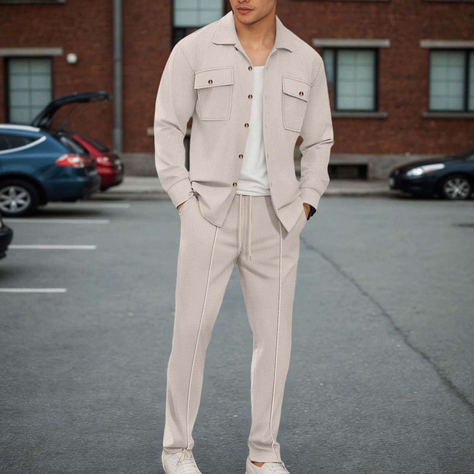 Generisch Herren Strick-Langarmhemd und Hose Set, lässige Arbeitskleidung mit Zwei Taschen, einfarbig, bequem und stilvoll für den Alltag oder die Werkstatt